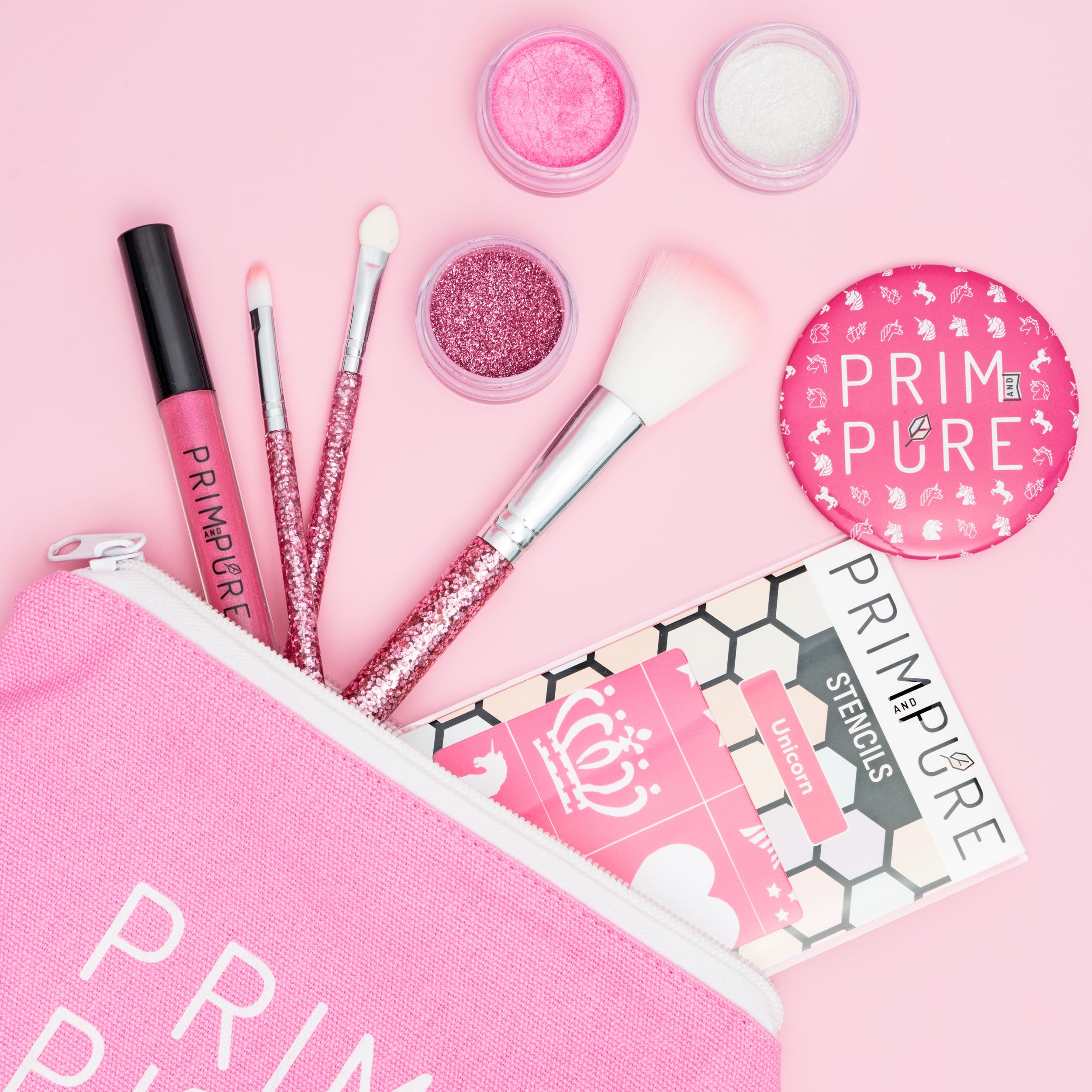 Prim and Pure Kids Makeup Gift Set – Unicorn Pink with Stencil, Bioglitter Lip Gloss, Eyeshadow & Mirror
