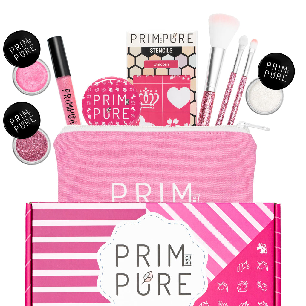 Prim and Pure Kids Makeup Gift Set – Unicorn Pink with Stencil, Bioglitter Lip Gloss, Eyeshadow & Mirror