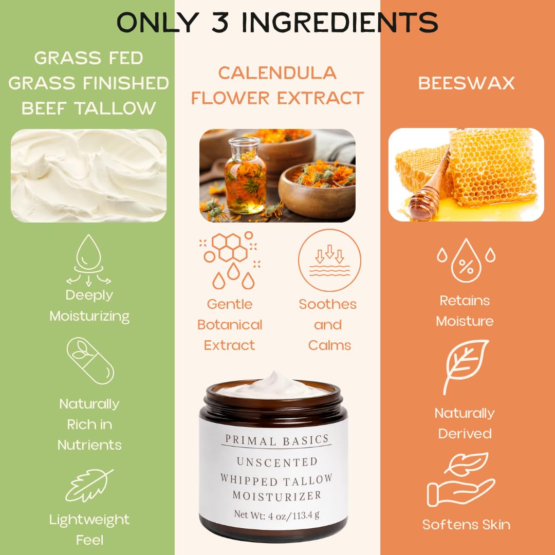 Primal Basics 100% Grass Fed & Grass Finished Whipped Beef Tallow Moisturizer – Unscented, USA Made (4 oz)