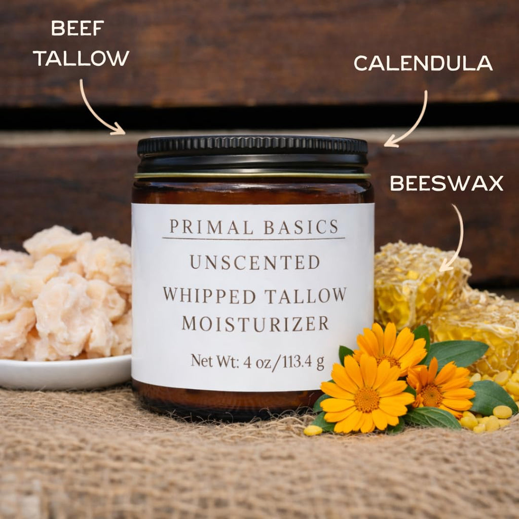 Primal Basics 100% Grass Fed & Grass Finished Whipped Beef Tallow Moisturizer – Unscented, USA Made (4 oz)