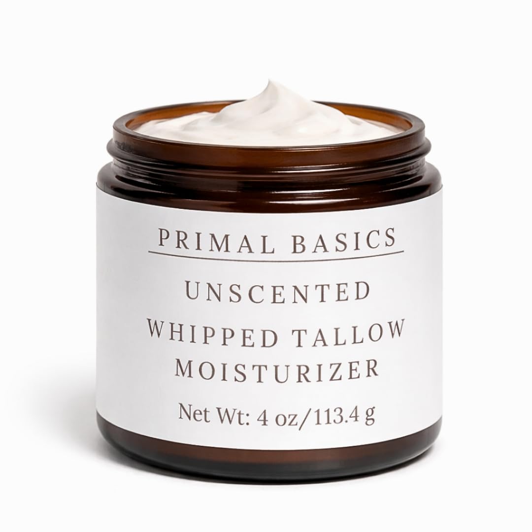 Primal Basics 100% Grass Fed & Grass Finished Whipped Beef Tallow Moisturizer – Unscented, USA Made (4 oz)