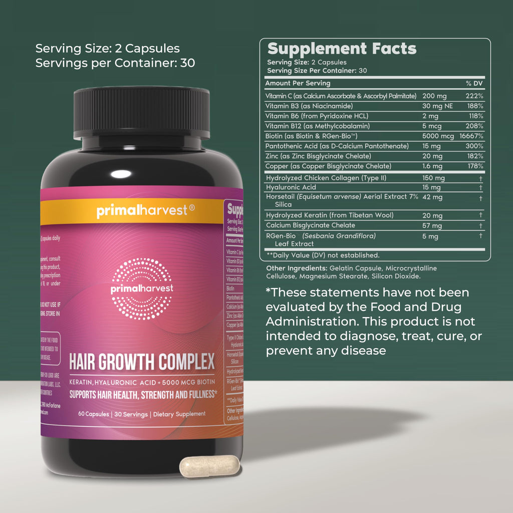 Primal Harvest Hair Growth Vitamins – 2 Pack, Biotin & Zinc for Hair Support (120 Pills)