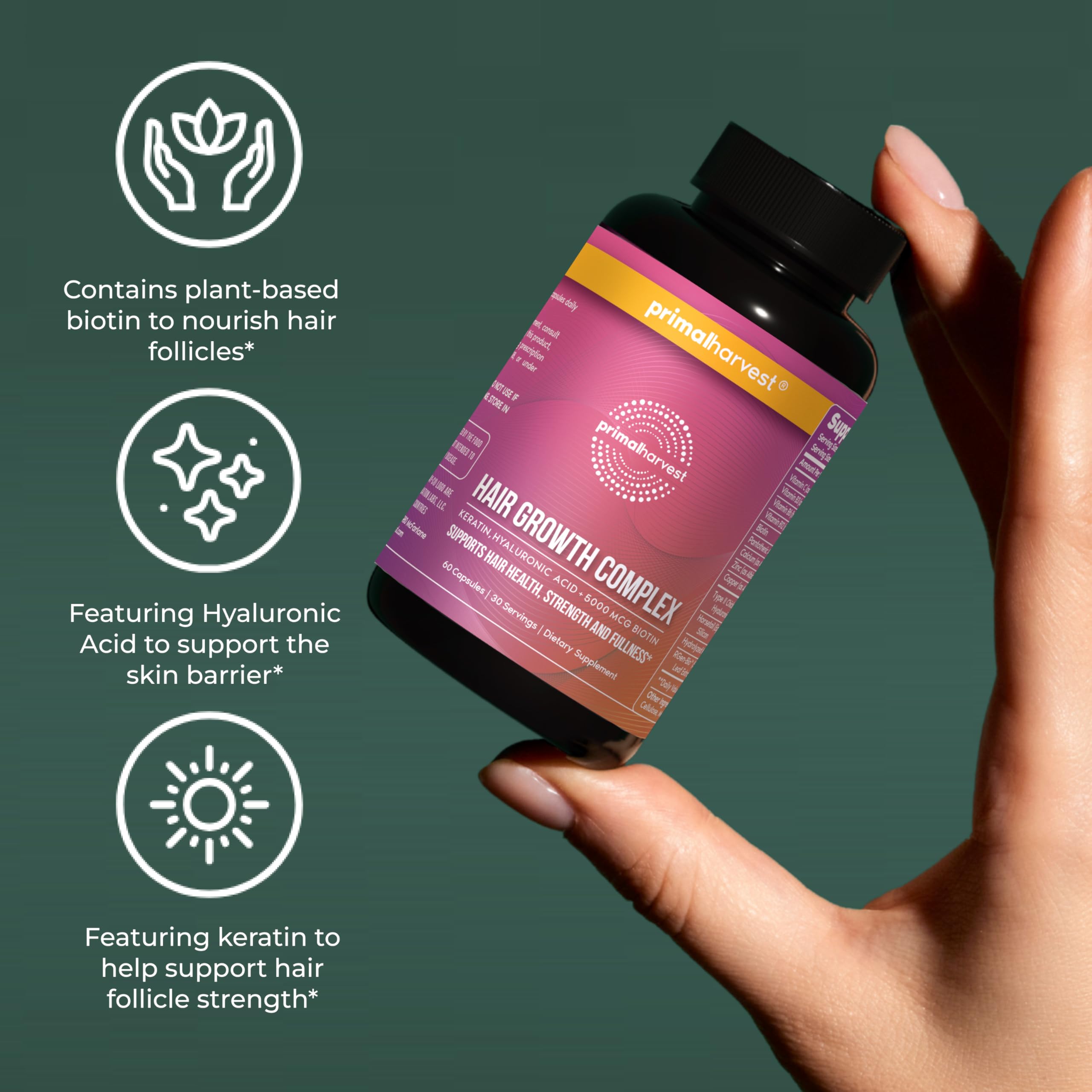 Primal Harvest Hair Growth Vitamins – 2 Pack, Biotin & Zinc for Hair Support (120 Pills)