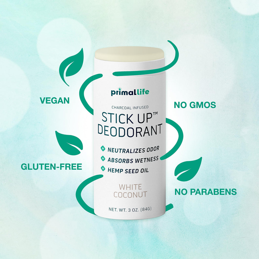 Primal Life Organics Stick Up Natural Deodorant – White Coconut, Bentonite Clay, Magnesium, 3 oz