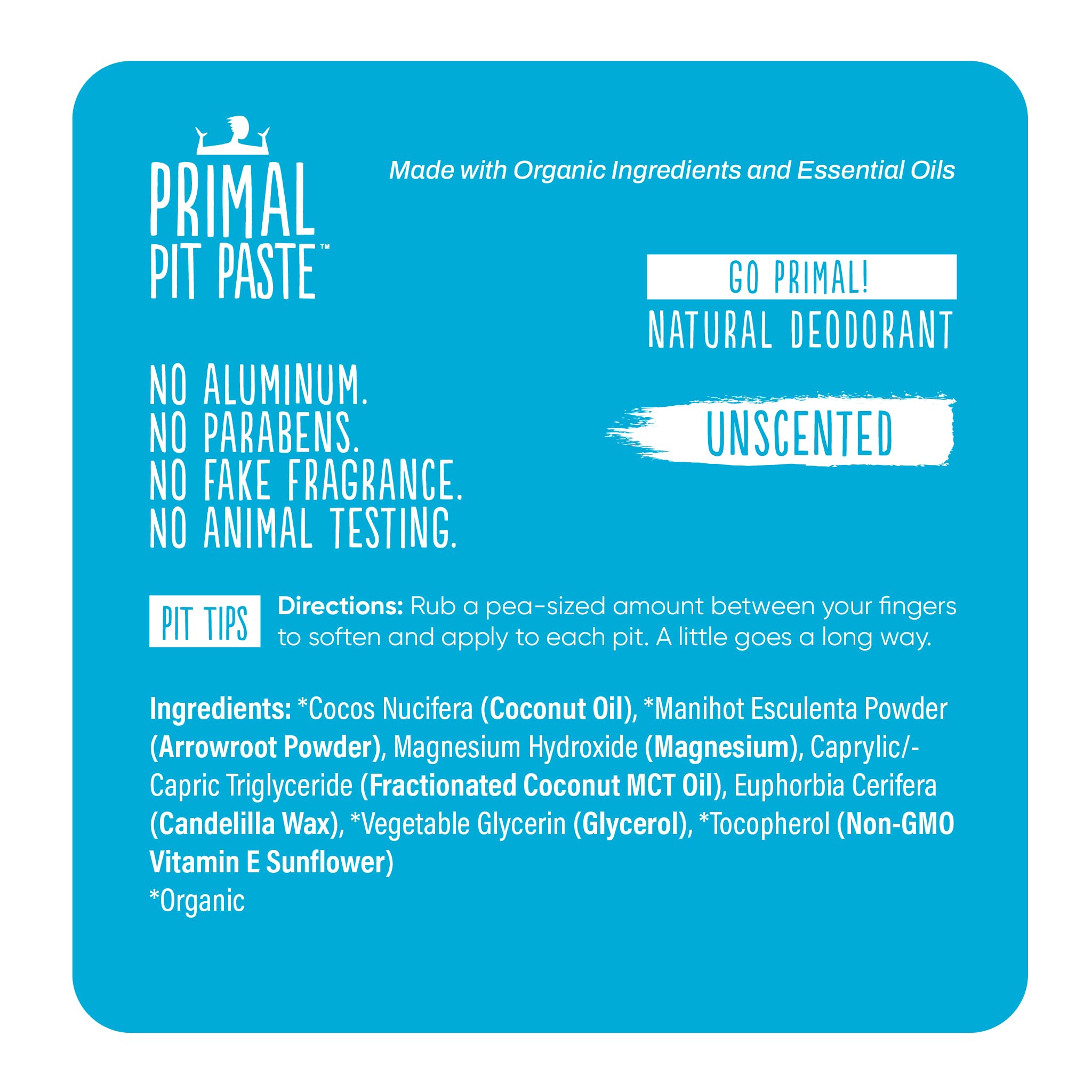 Primal Pit Paste Unscented Natural Deodorant – Aluminum-Free, Baking Soda-Free, Sensitive Skin (1-Pack)