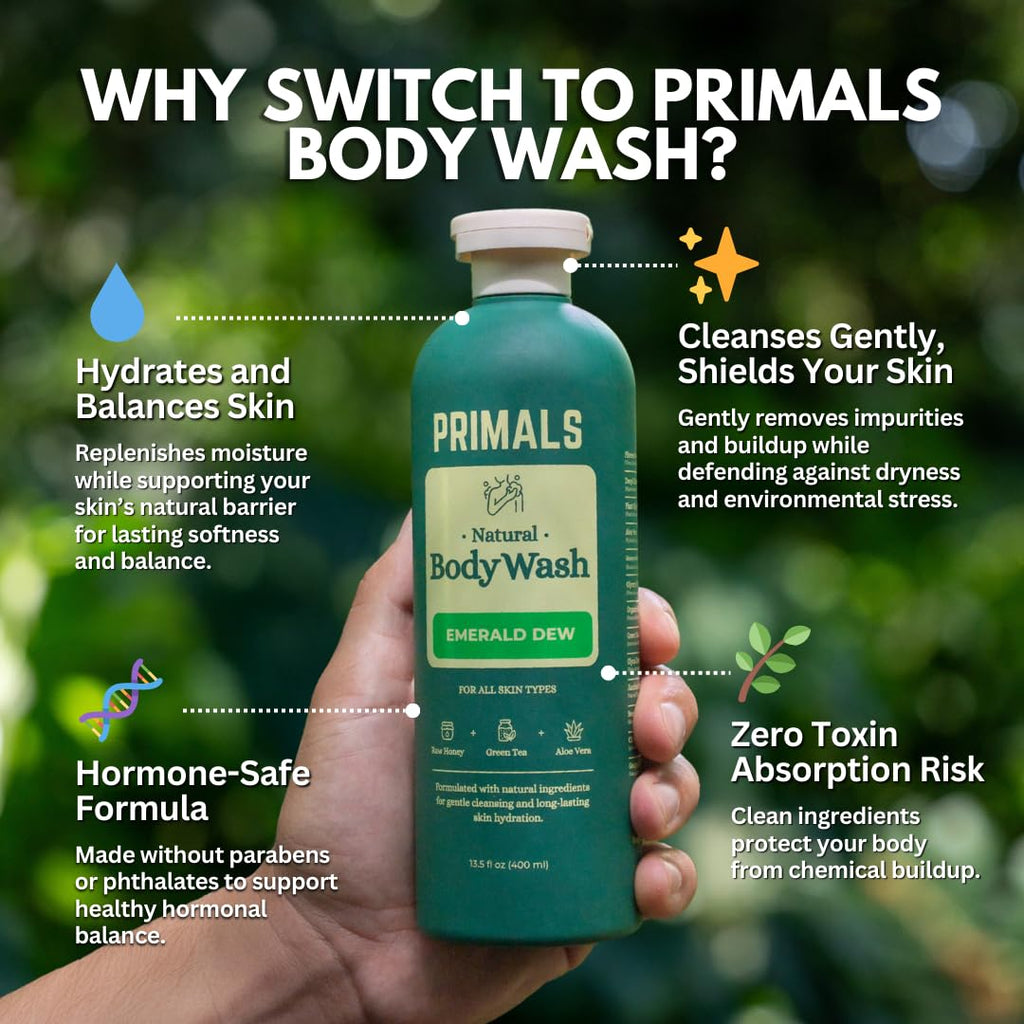 PRIMALS Natural Body Wash - Aloe Vera, Raw Honey & Green Tea | 13.5 Fl Oz
