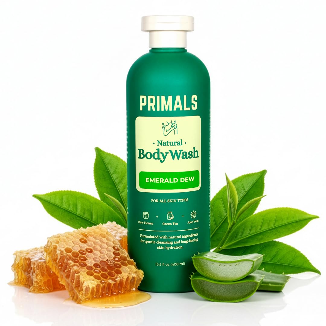 PRIMALS Natural Body Wash - Aloe Vera, Raw Honey & Green Tea | 13.5 Fl Oz