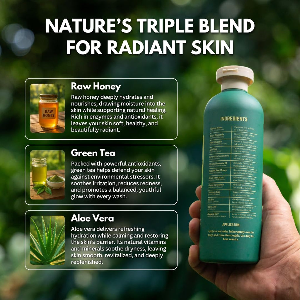 PRIMALS Natural Body Wash - Aloe Vera, Raw Honey & Green Tea | 13.5 Fl Oz