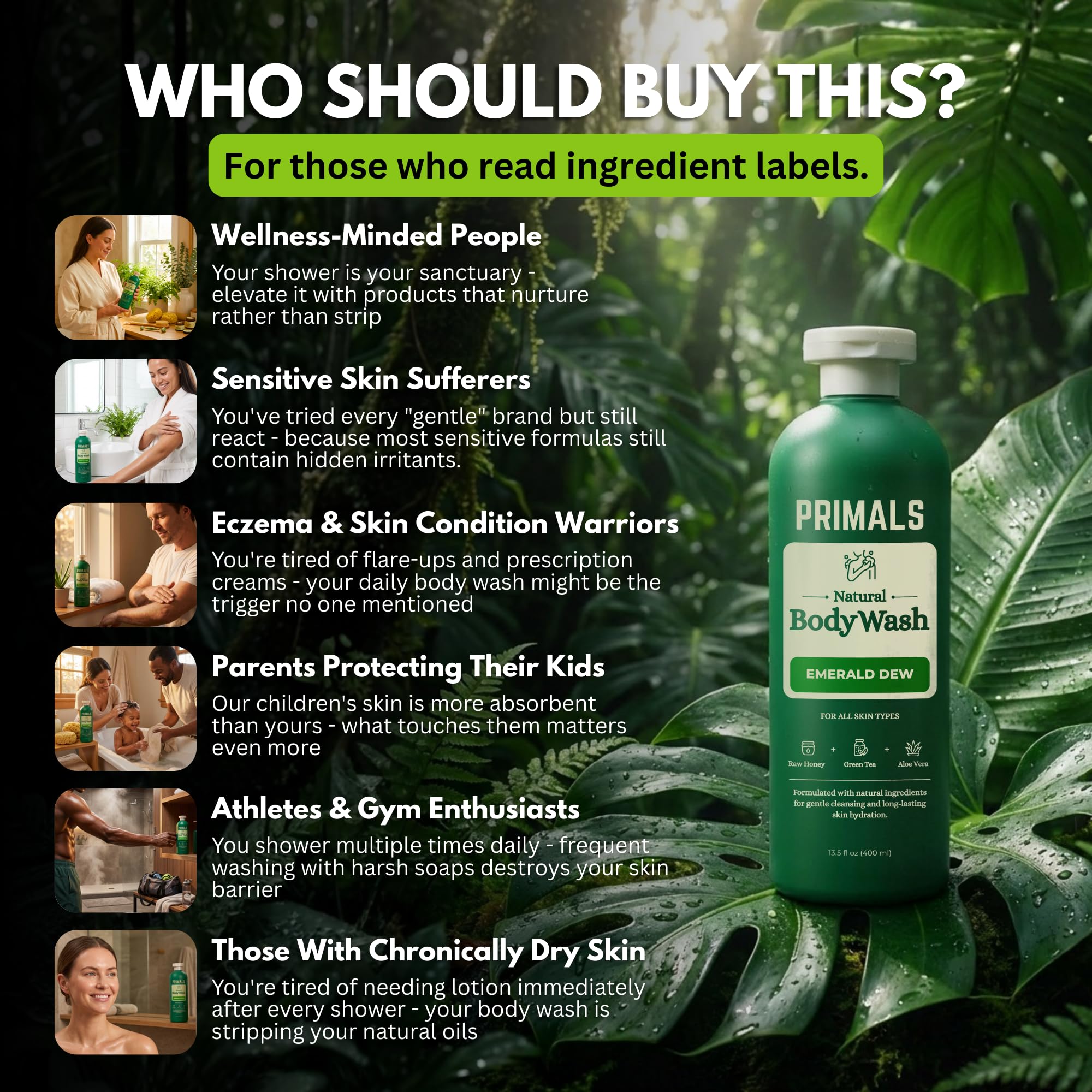 PRIMALS Natural Body Wash - Aloe Vera, Raw Honey & Green Tea | 13.5 Fl Oz