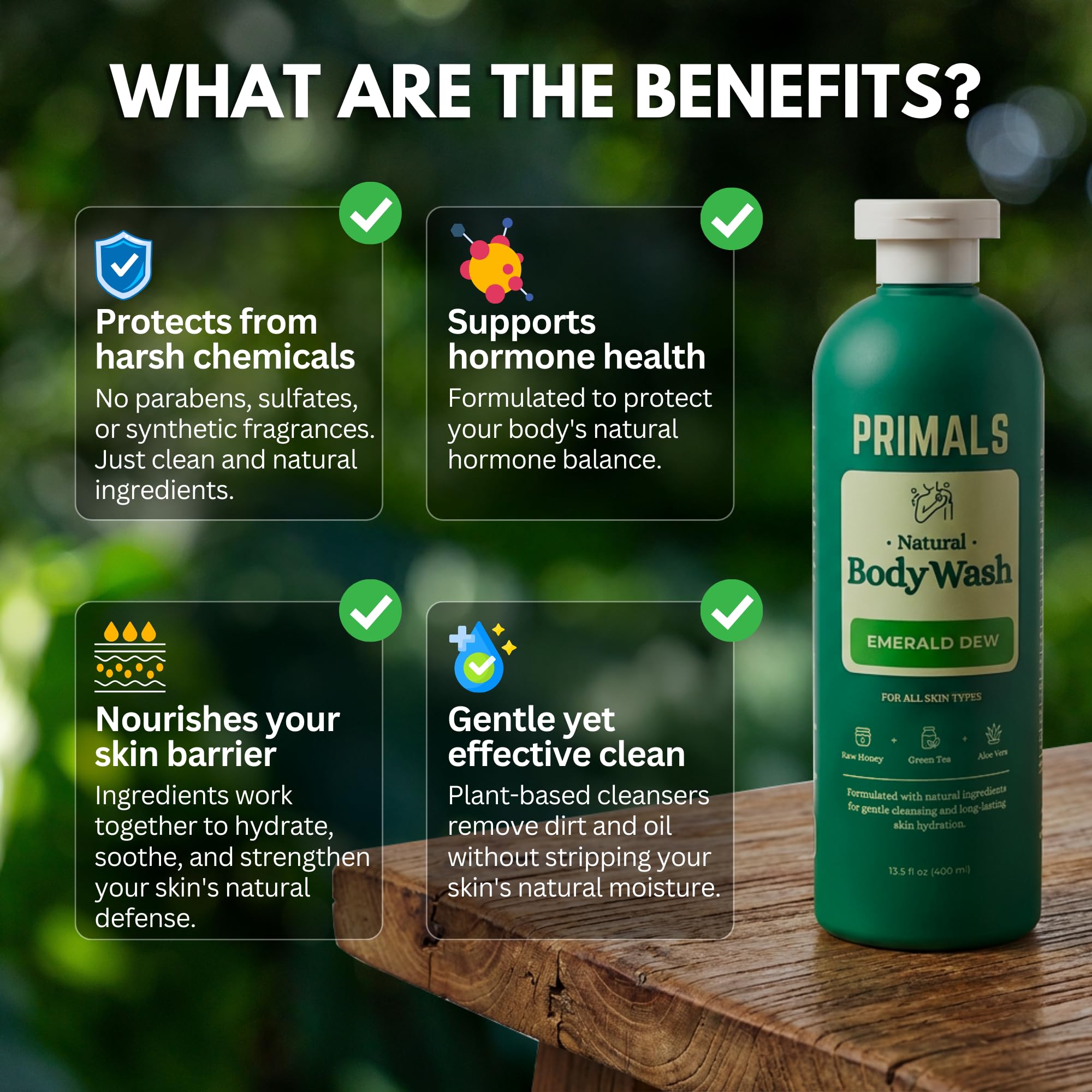 PRIMALS Natural Body Wash - Aloe Vera, Raw Honey & Green Tea | 13.5 Fl Oz