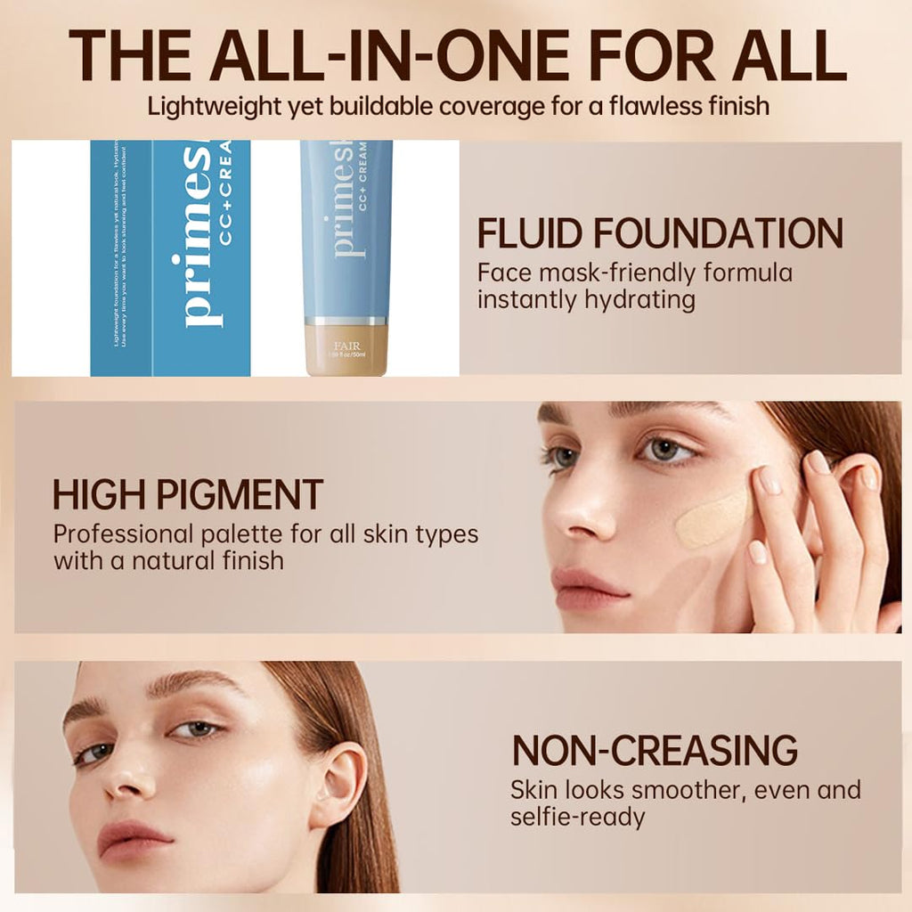 PrimeSkin CC+ Cream for Mature Skin – Self-Adjusting Korean CC Cream, Satin Finish, 50 ml (Light)