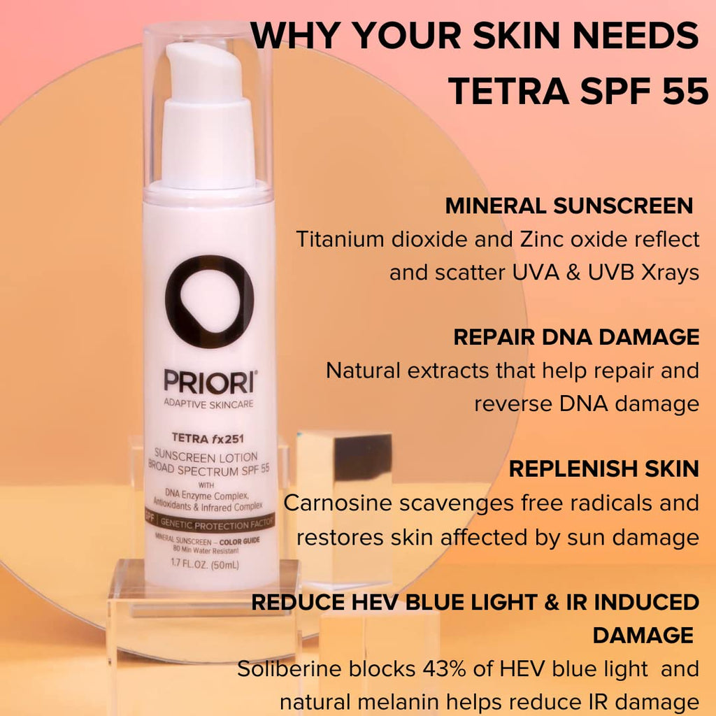 PRIORI Tetra Sunscreen Lotion SPF 55 — Universal Tint, Reef-Safe Mineral