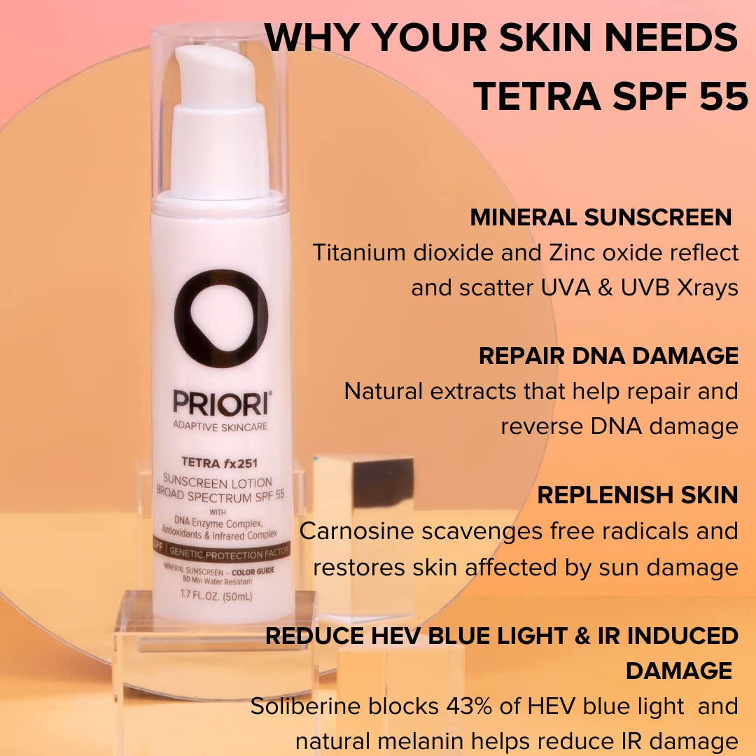 PRIORI Tetra Sunscreen Lotion SPF 55 — Universal Tint, Reef-Safe Mineral