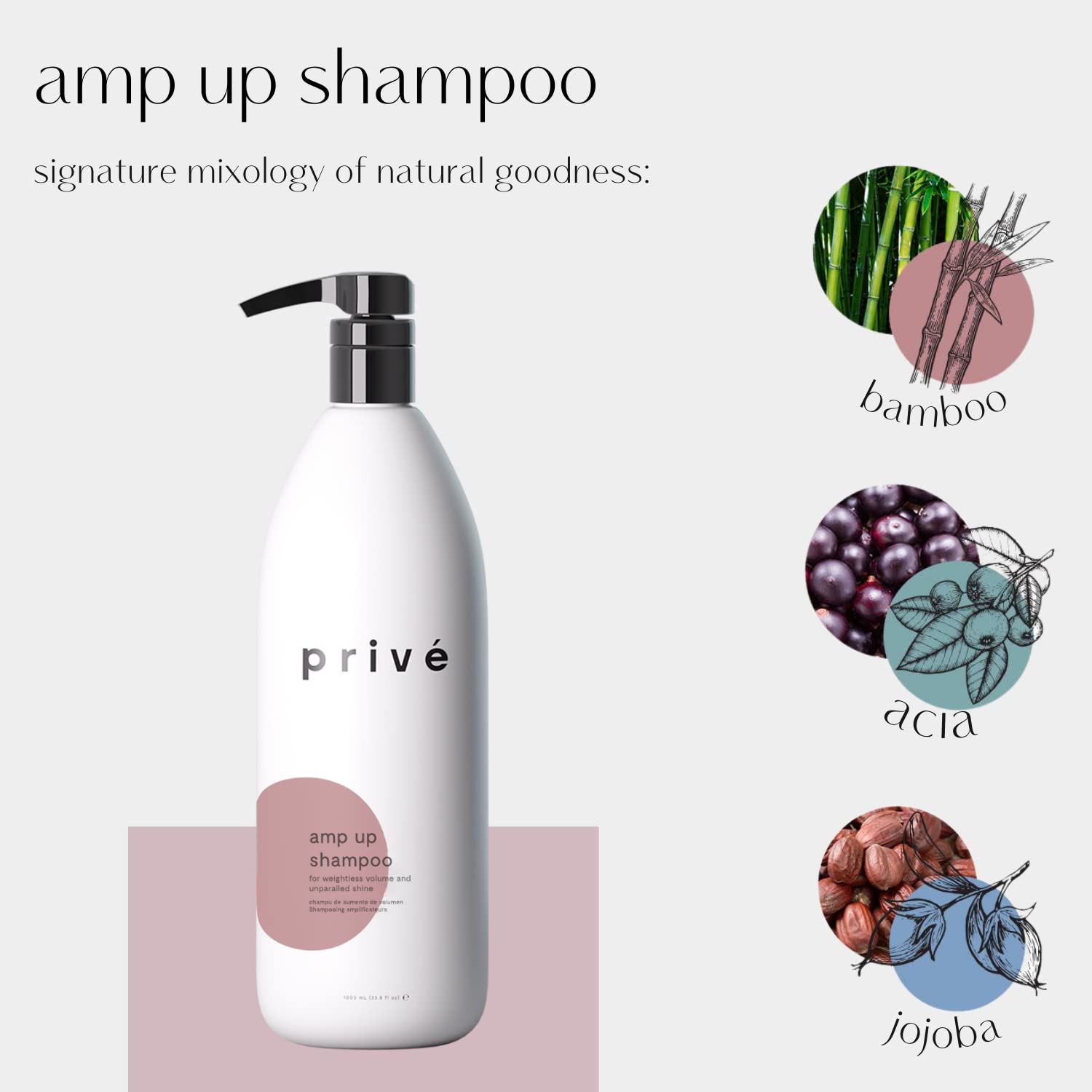 Prive Amp Up Volumizing Shampoo – Lightweight, Sulfate-Free for Fine Hair | Bamboo & Acai | 33.8 oz