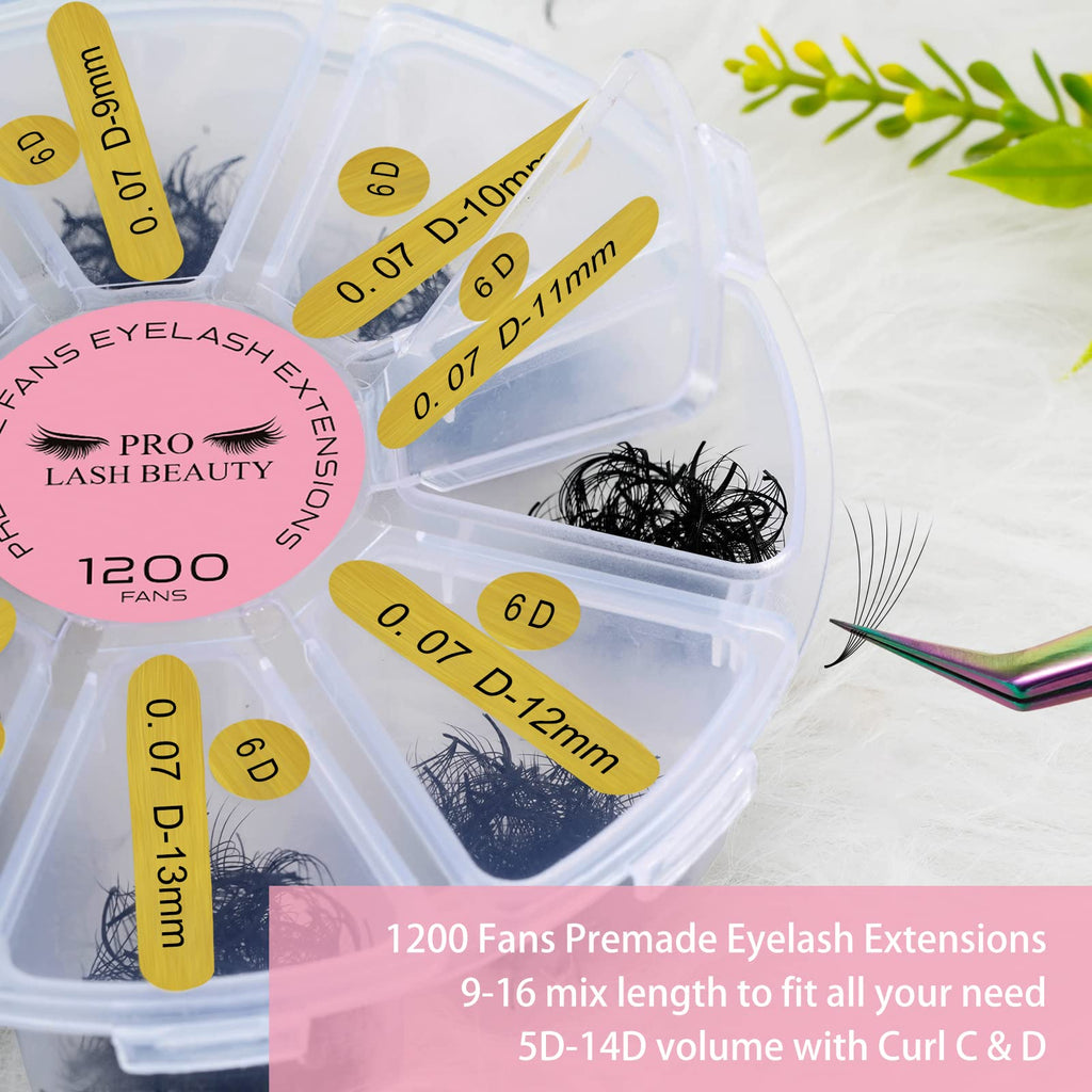 PRO LASHBEAUTY 1200 Fans Premade Volume Lashes | 5D–14D Mixed Tray, 0.07mm