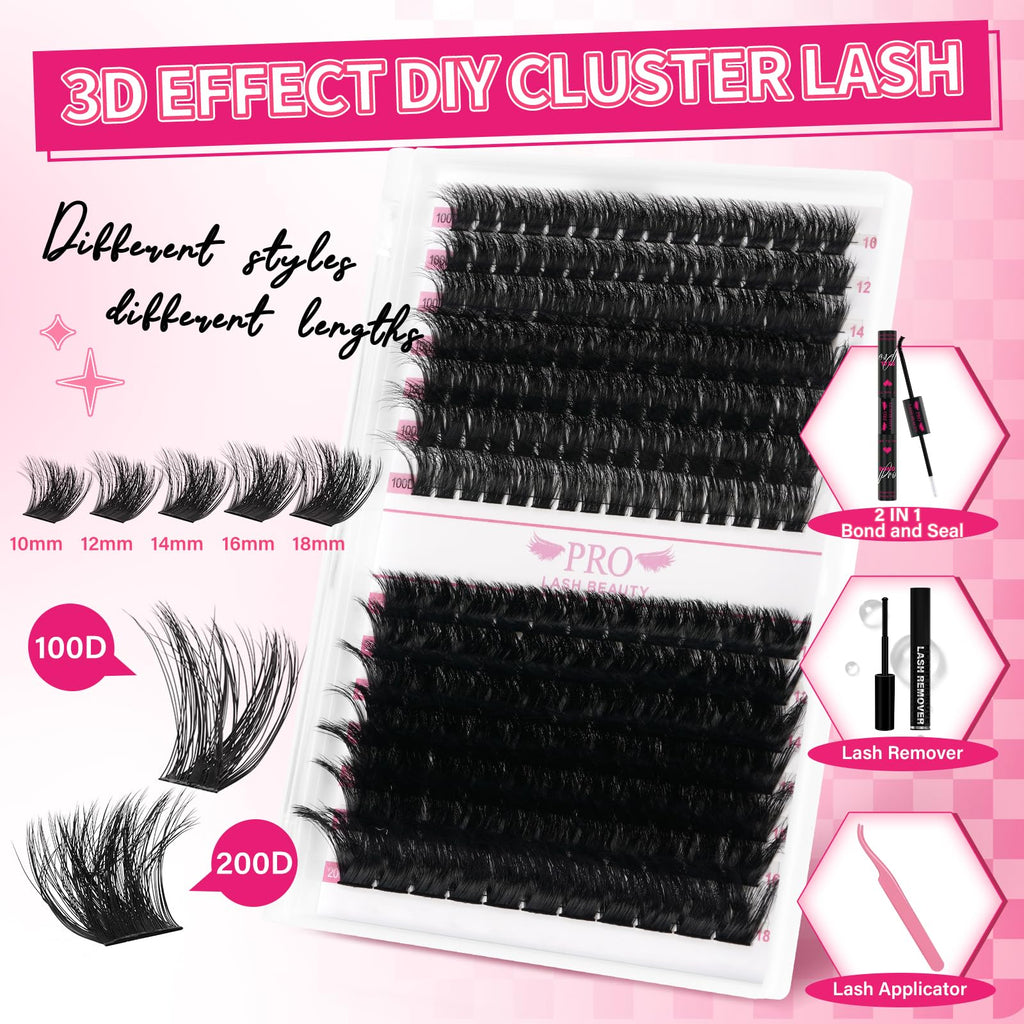 PRO LASHBEAUTY Lash Clusters Kit 3D Style DIY Lash Extension Kit with Bond & Seal – Easy Home Application