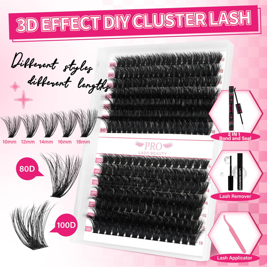 PRO LASHBEAUTY Lash Clusters Kit – 3D DIY Eyelash Extensions with Bond & Seal (80D+100D Mix)