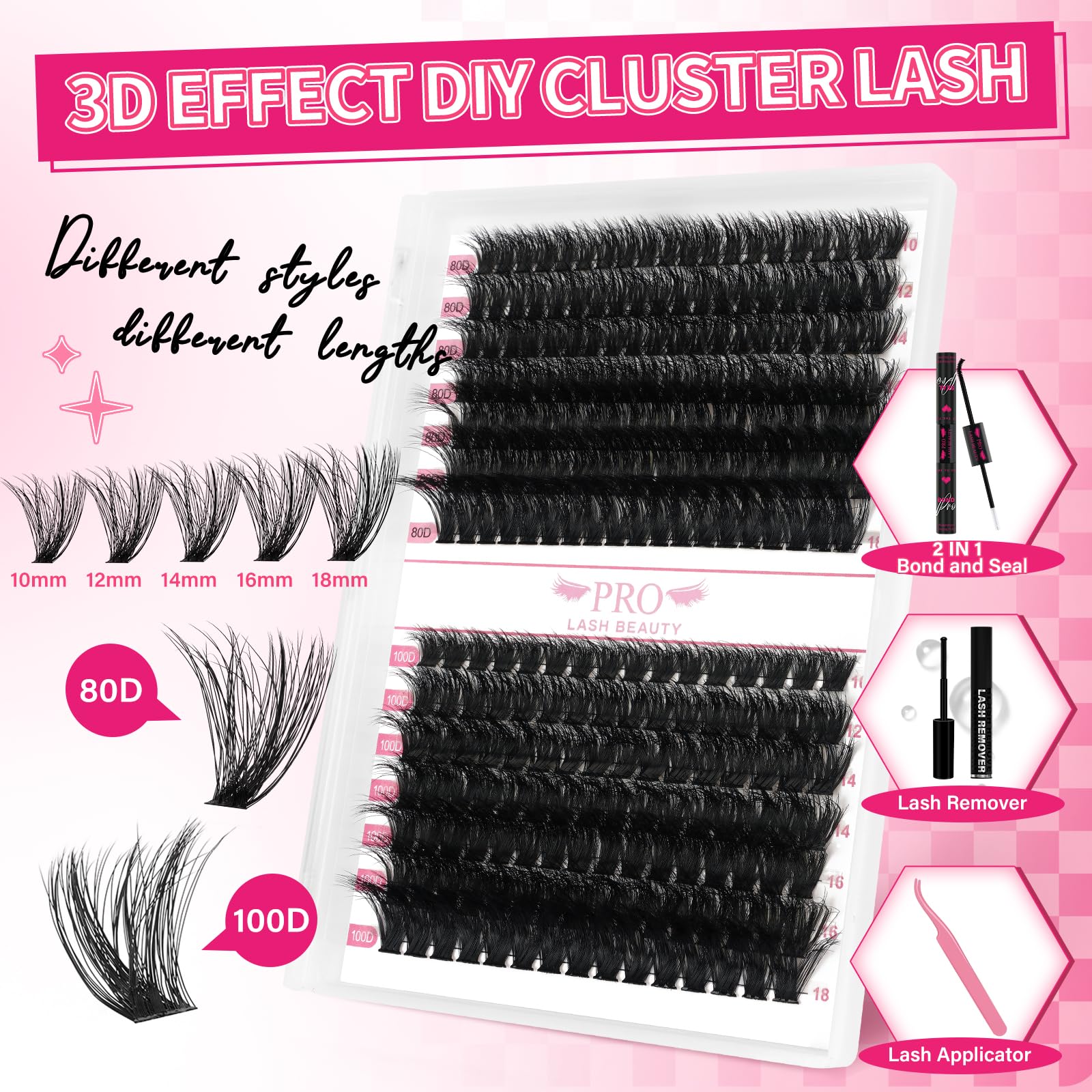 PRO LASHBEAUTY Lash Clusters Kit – 3D DIY Eyelash Extensions with Bond & Seal (80D+100D Mix)
