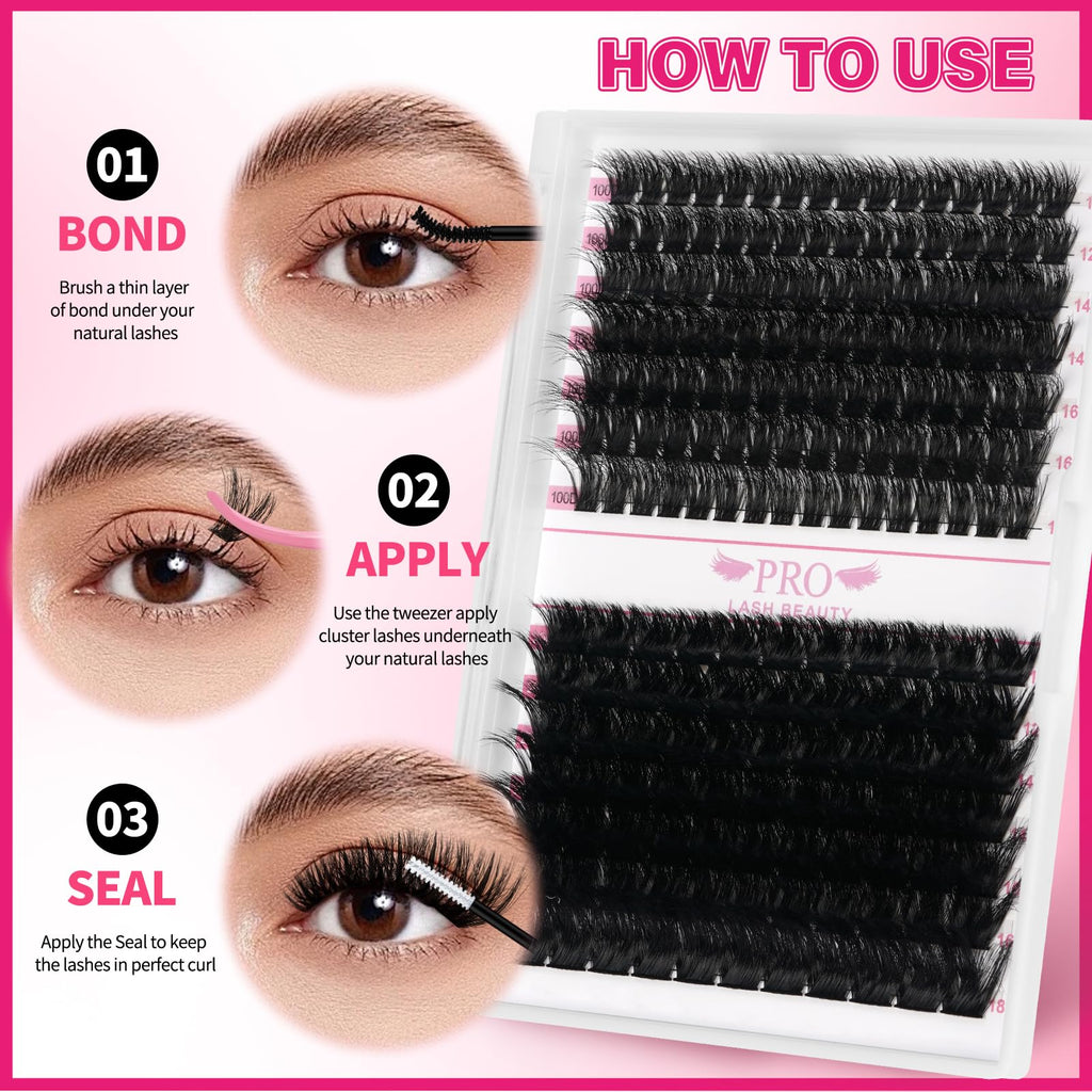PRO LASHBEAUTY Lash Clusters Kit 3D Style DIY Lash Extension Kit with Bond & Seal – Easy Home Application