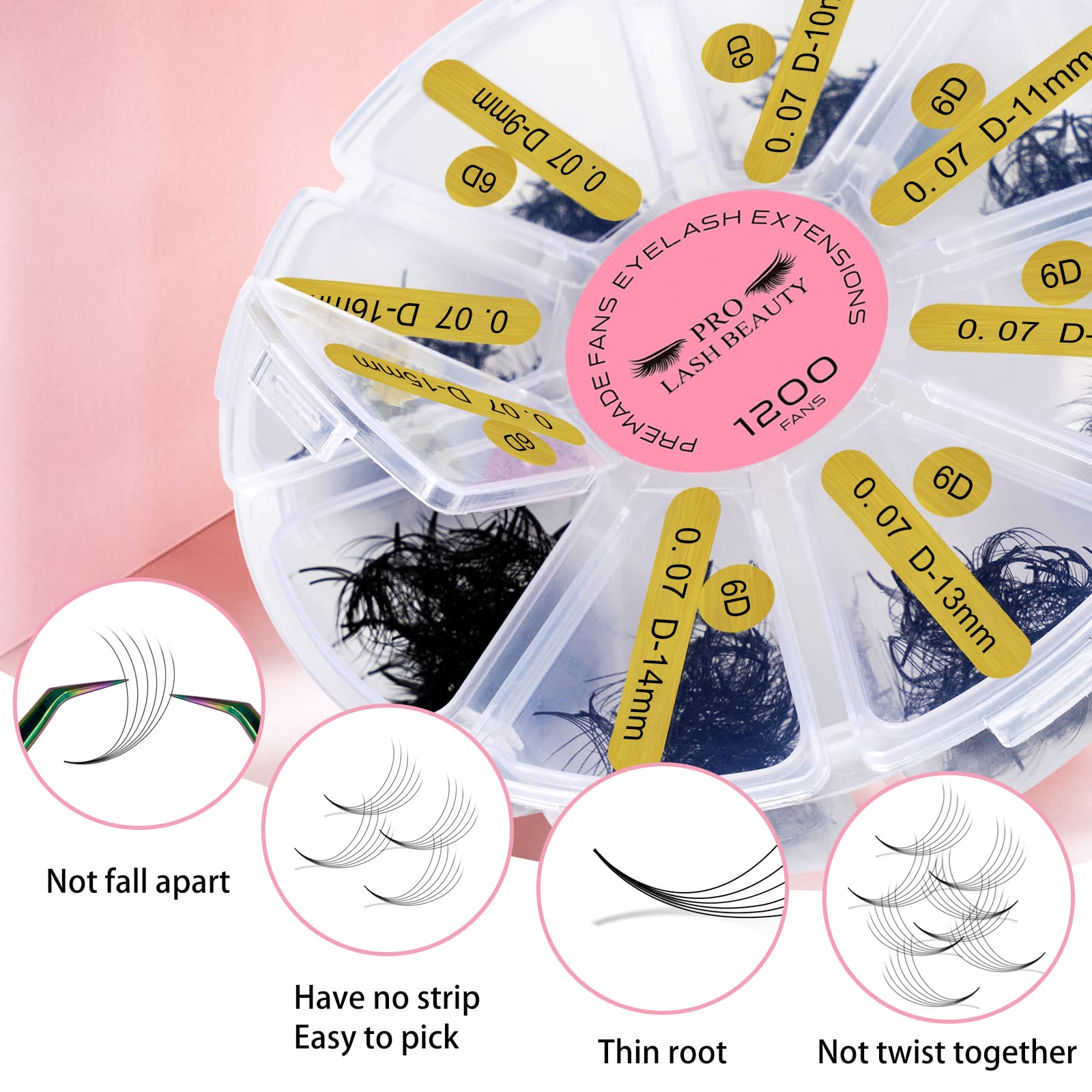 PRO LASHBEAUTY 1200 Fans Premade Volume Lashes | 5D–14D Mixed Tray, 0.07mm