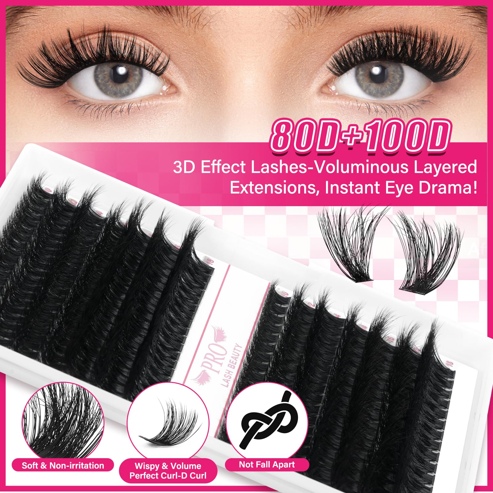 PRO LASHBEAUTY Lash Clusters Kit – 3D DIY Eyelash Extensions with Bond & Seal (80D+100D Mix)