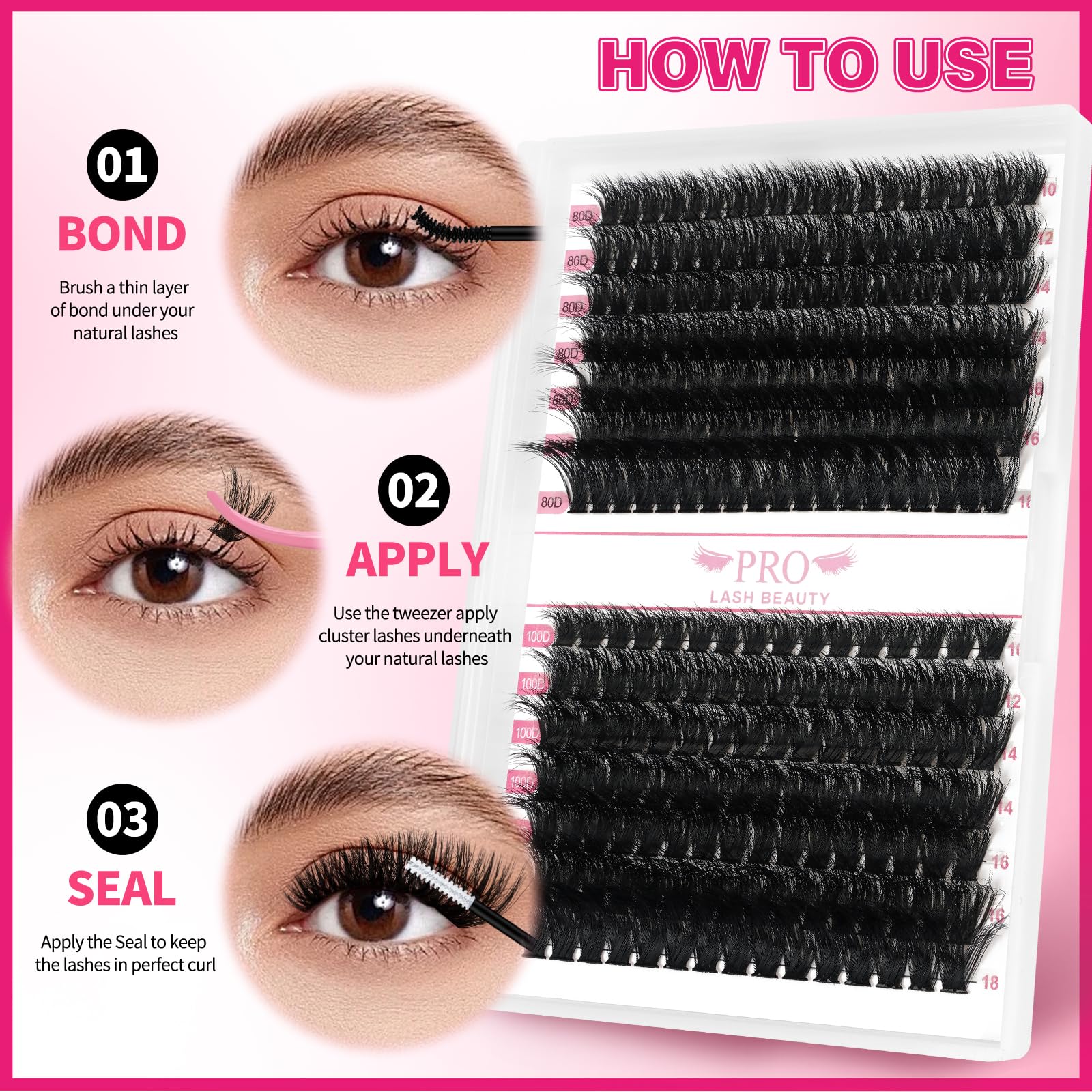 PRO LASHBEAUTY Lash Clusters Kit – 3D DIY Eyelash Extensions with Bond & Seal (80D+100D Mix)