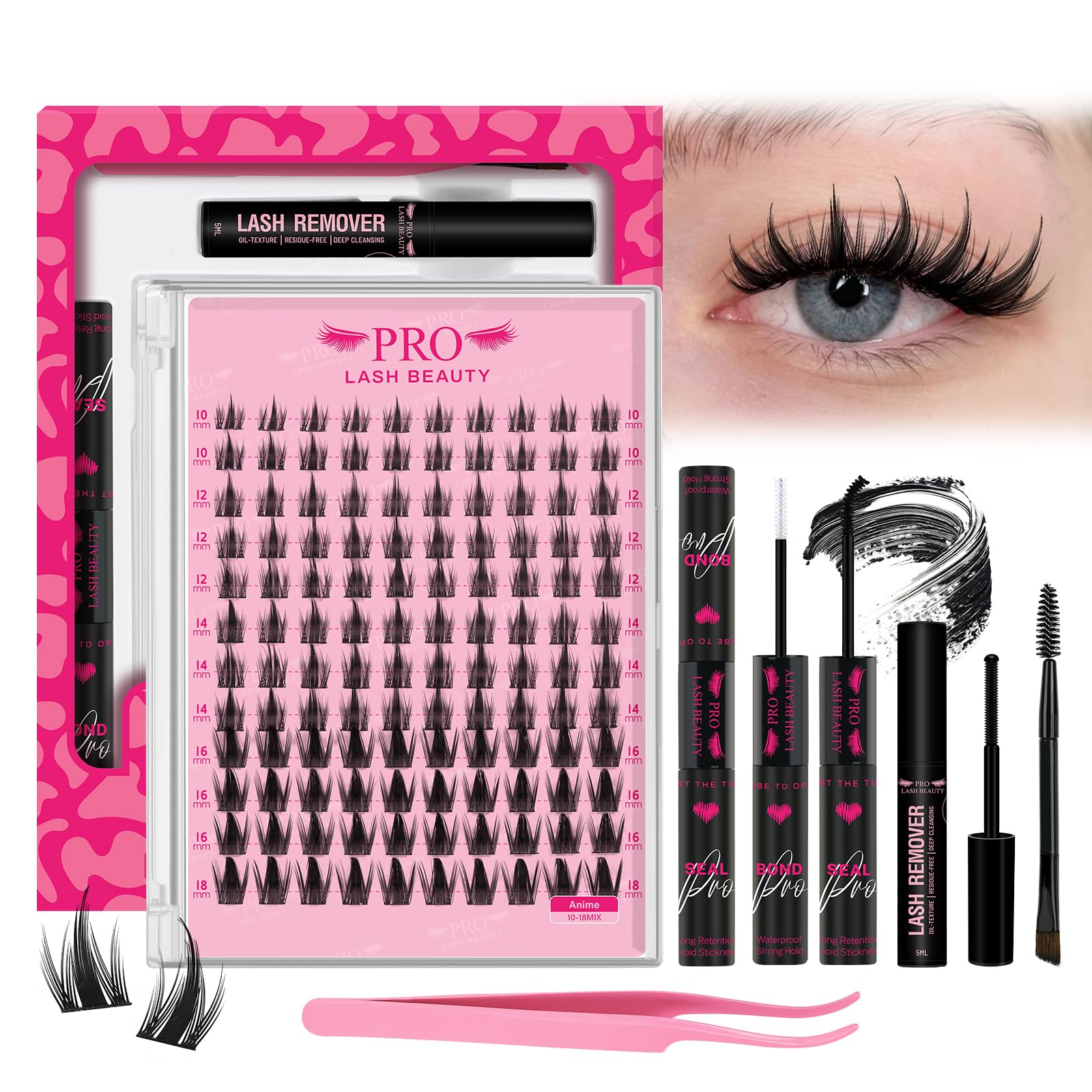 PRO LASHBEAUTY Manga Lash Clusters Kit – Anime Lash Volume with Ultra-Thin Band and Bond & Seal
