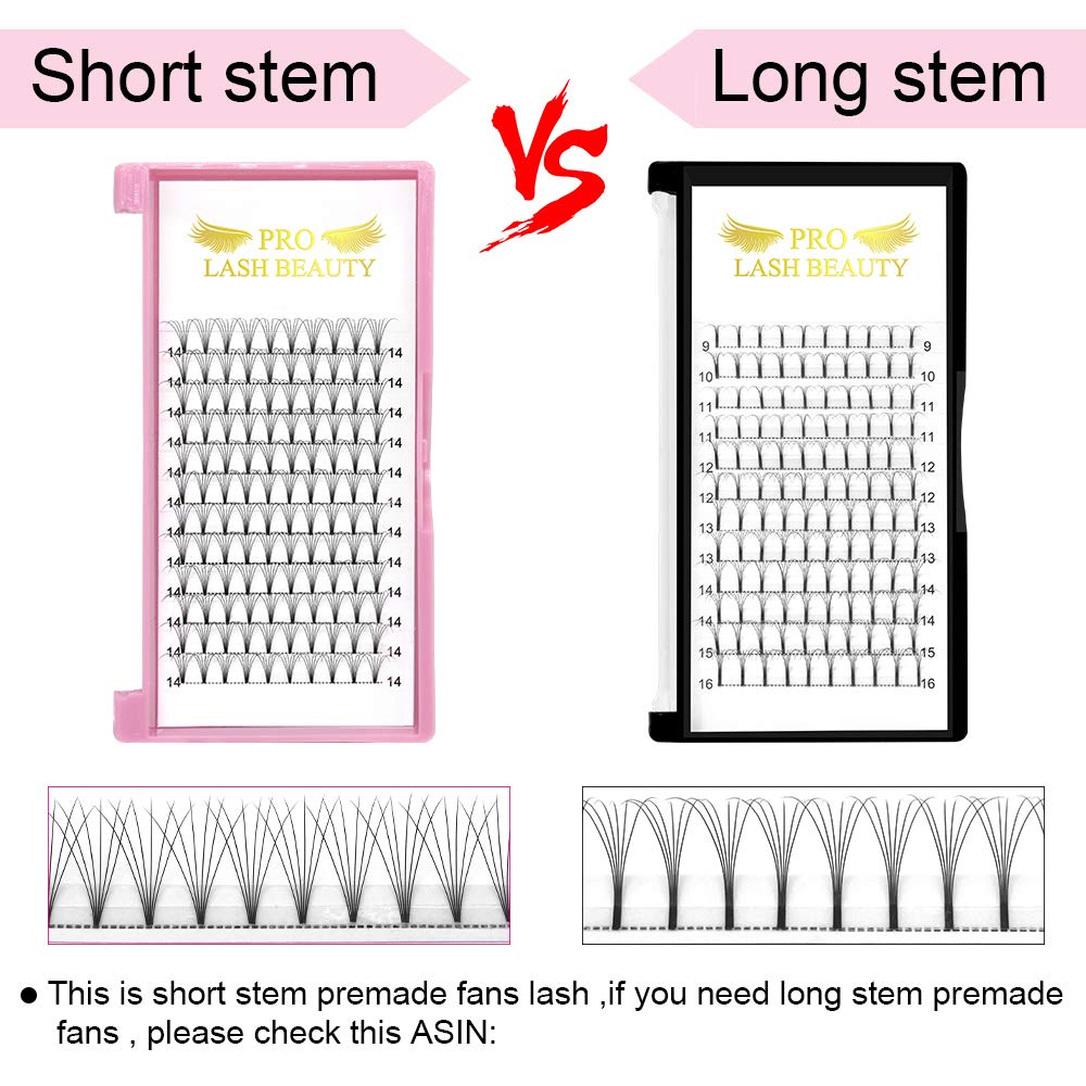 PRO LASHBEAUTY Premade Fans 6D Short Stem Eyelash Extensions – 0.07/0.10 C/D Curl 18mm