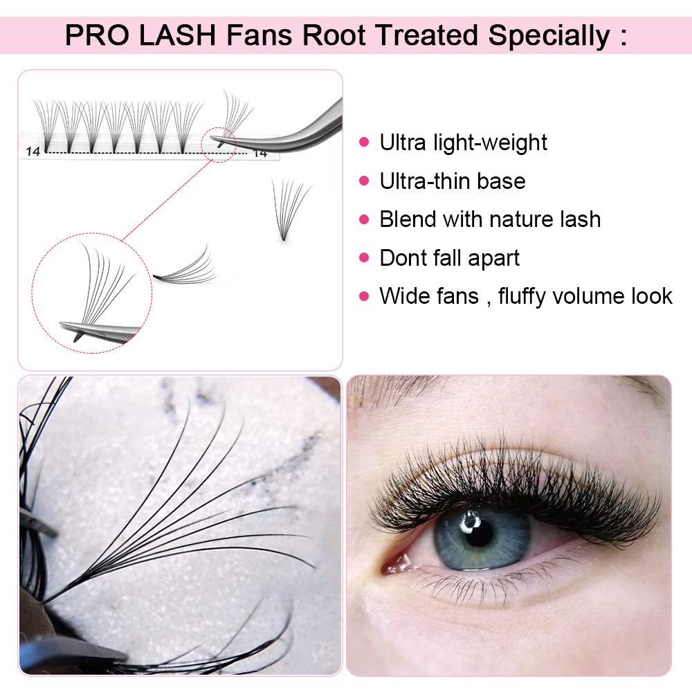 PRO LASHBEAUTY Premade Fans Eyelash Extensions – 7D Volume, Short Stem, C/D Curl, 9–20mm