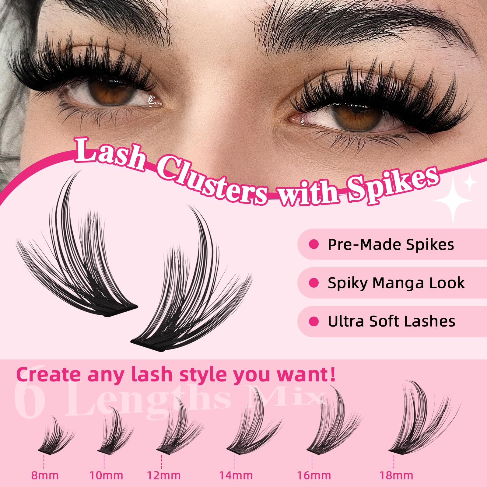 PRO LASHBEAUTY Spiky Lash Clusters Kit 80D-200D | DIY Manga Lash Extensions at Home (8-18mm Mix)