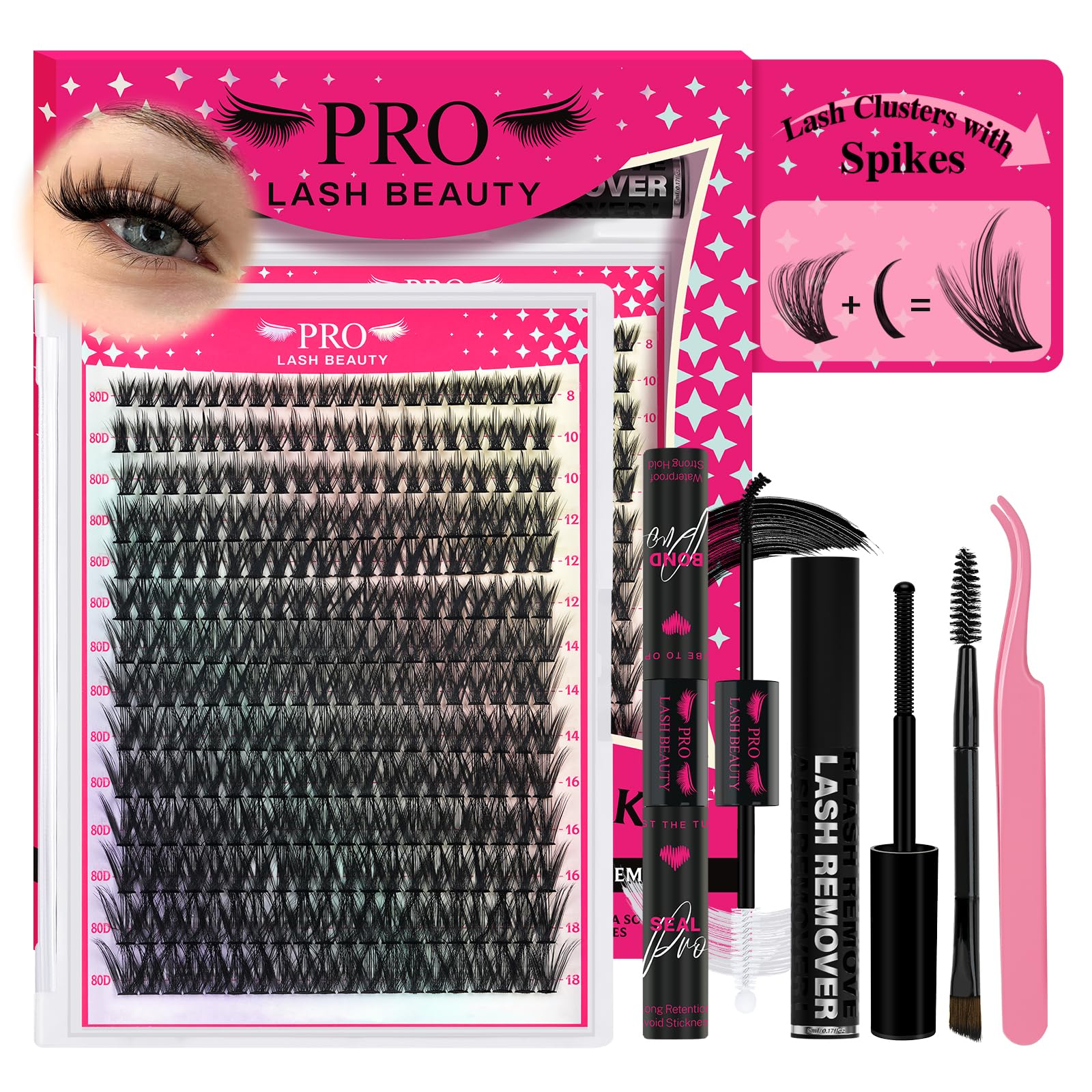 PRO LASHBEAUTY Spiky Lash Clusters Kit 80D-200D | DIY Manga Lash Extensions at Home (8-18mm Mix)