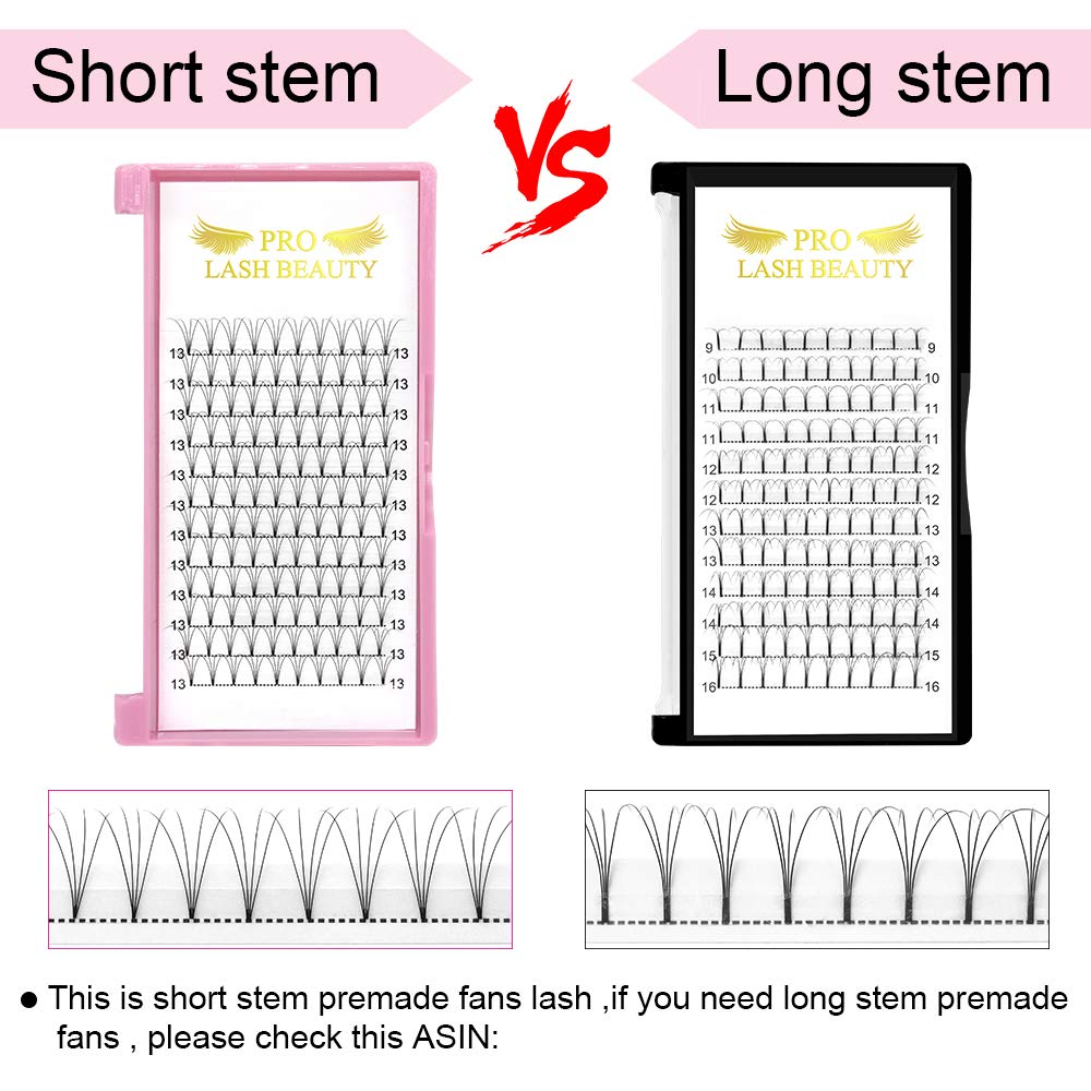 PRO LASHBEAUTY Premade Volume Eyelash Extensions 4D-C-0.10 (9–20mm) Short Stem Fans