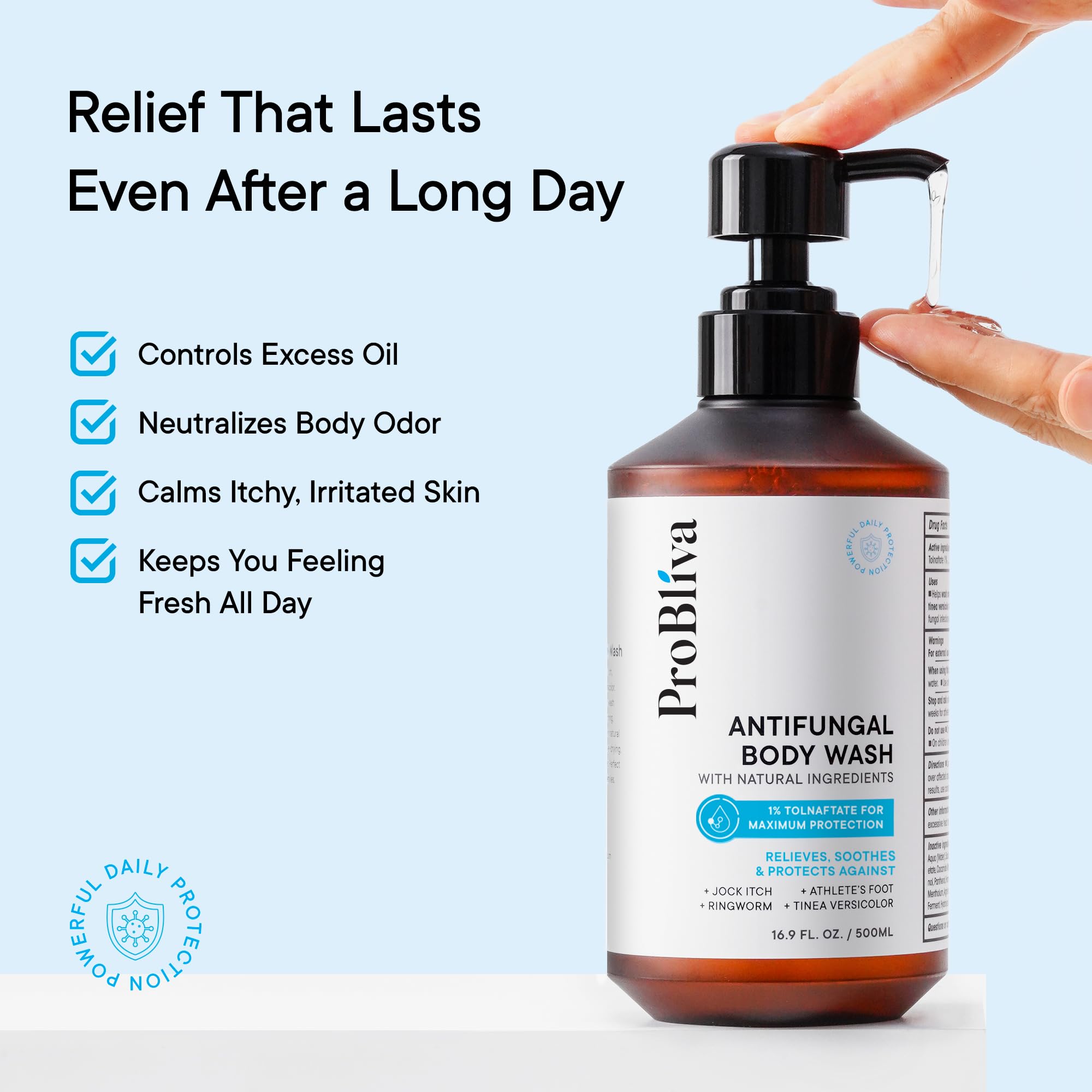 ProBliva Antifungal Body Wash – Medicated Cleanser with Tolnaftate 1% & Tea Tree Oil for Ringworm, Jock Itch, Foot Odor
