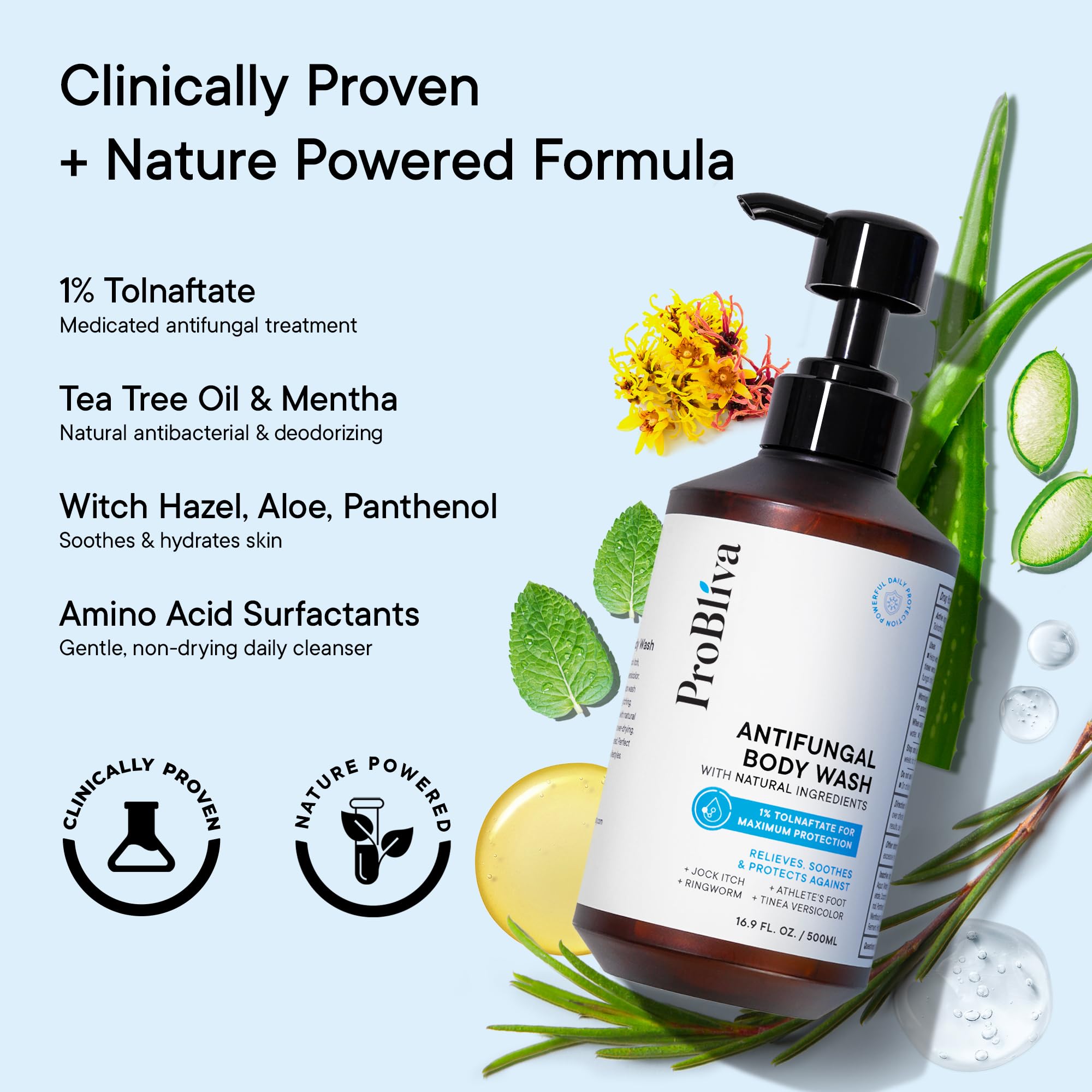 ProBliva Antifungal Body Wash – Medicated Cleanser with Tolnaftate 1% & Tea Tree Oil for Ringworm, Jock Itch, Foot Odor