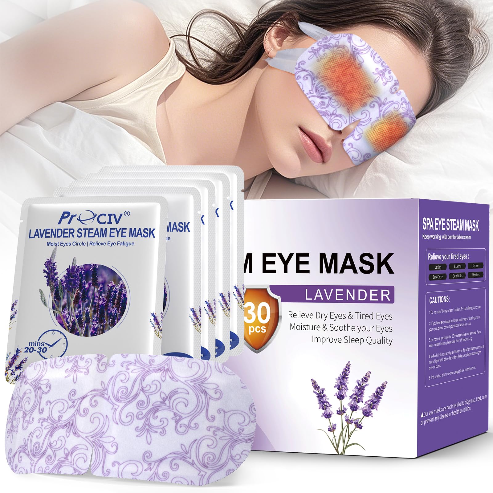 ProCIV 30-Pack Lavender Steam Eye Mask | Warm Compress for Dry Eyes & Relaxation