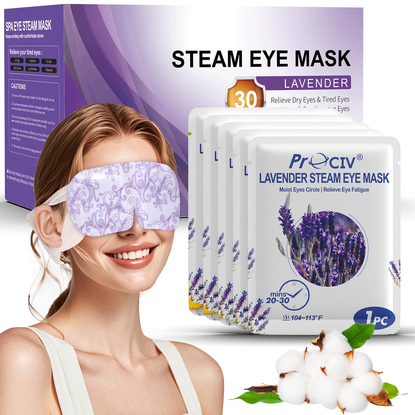 ProCIV 30-Pack Lavender Steam Eye Mask | Warm Compress for Dry Eyes & Relaxation