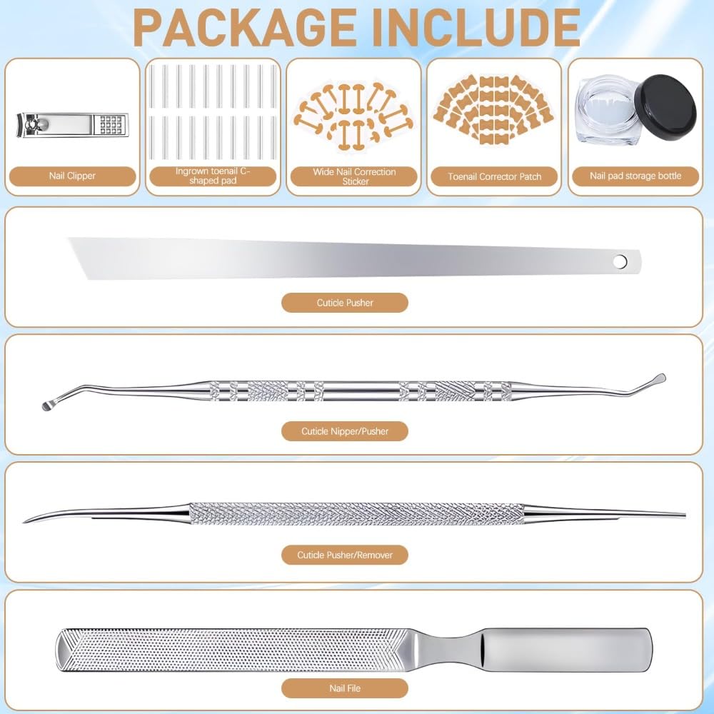 Professional Pedicure Tools Ingrown Toenail Kit – 4-Piece Set with Breathable Corrector Strips, Curved Patches, File & Lifters