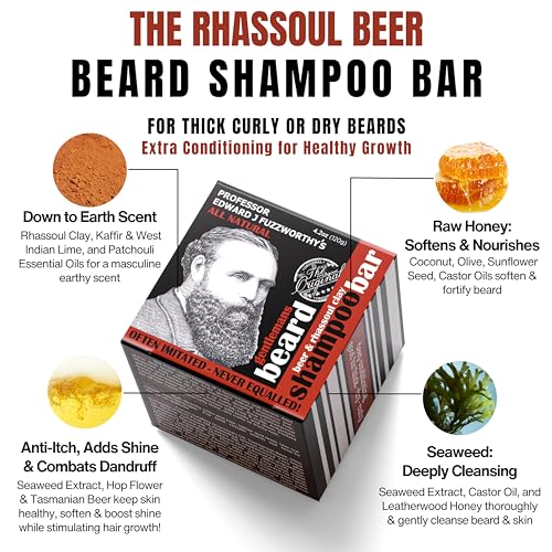 Professor Fuzzworthy's Beard Shampoo Bar for Extra Soft, Healthy Beard - Beer & Rhassoul Clay - 4.2 oz - Australia
