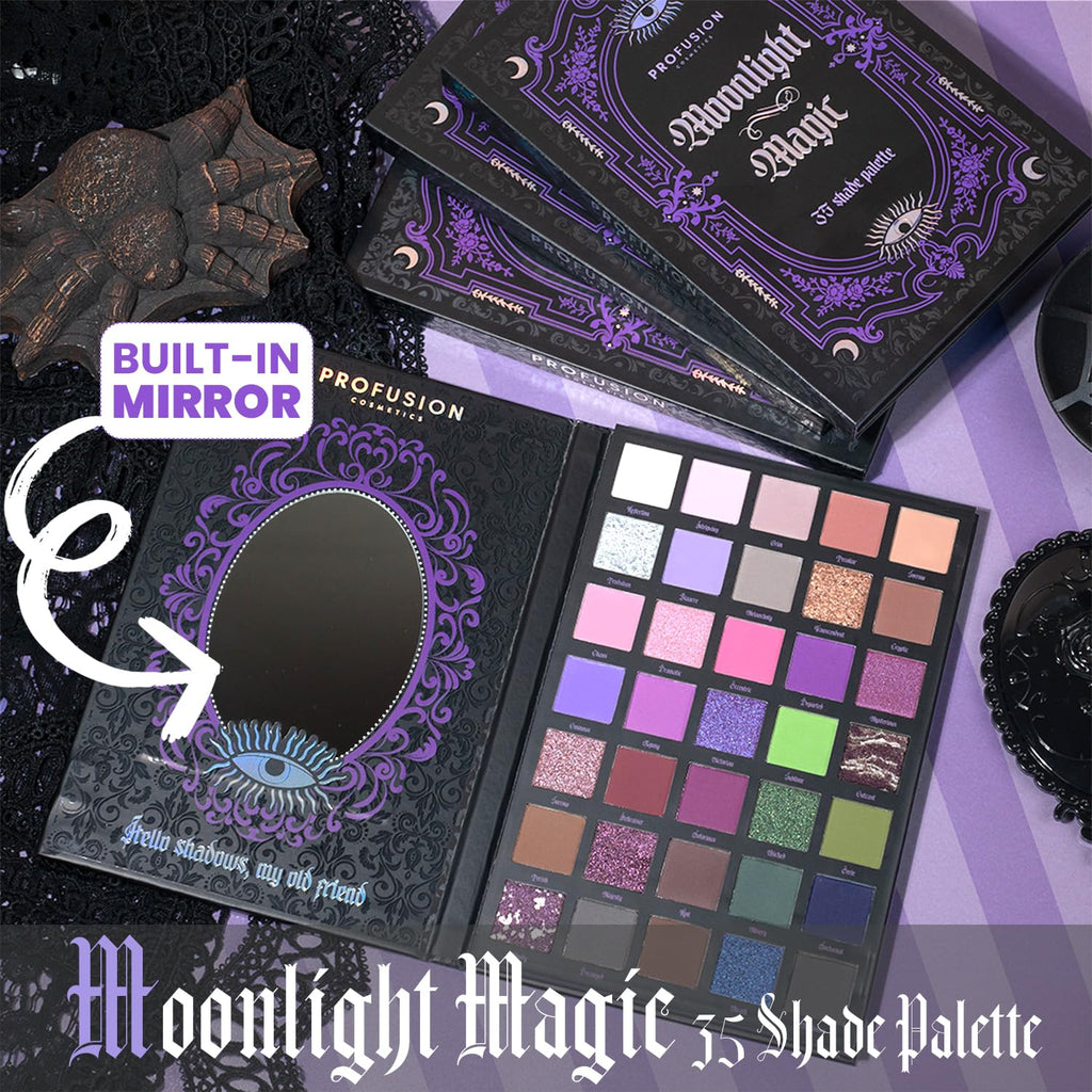 Profusion Moonlight Magic Eyeshadow Palette – 35 Gothic Shades, Built-In Mirror, Vegan