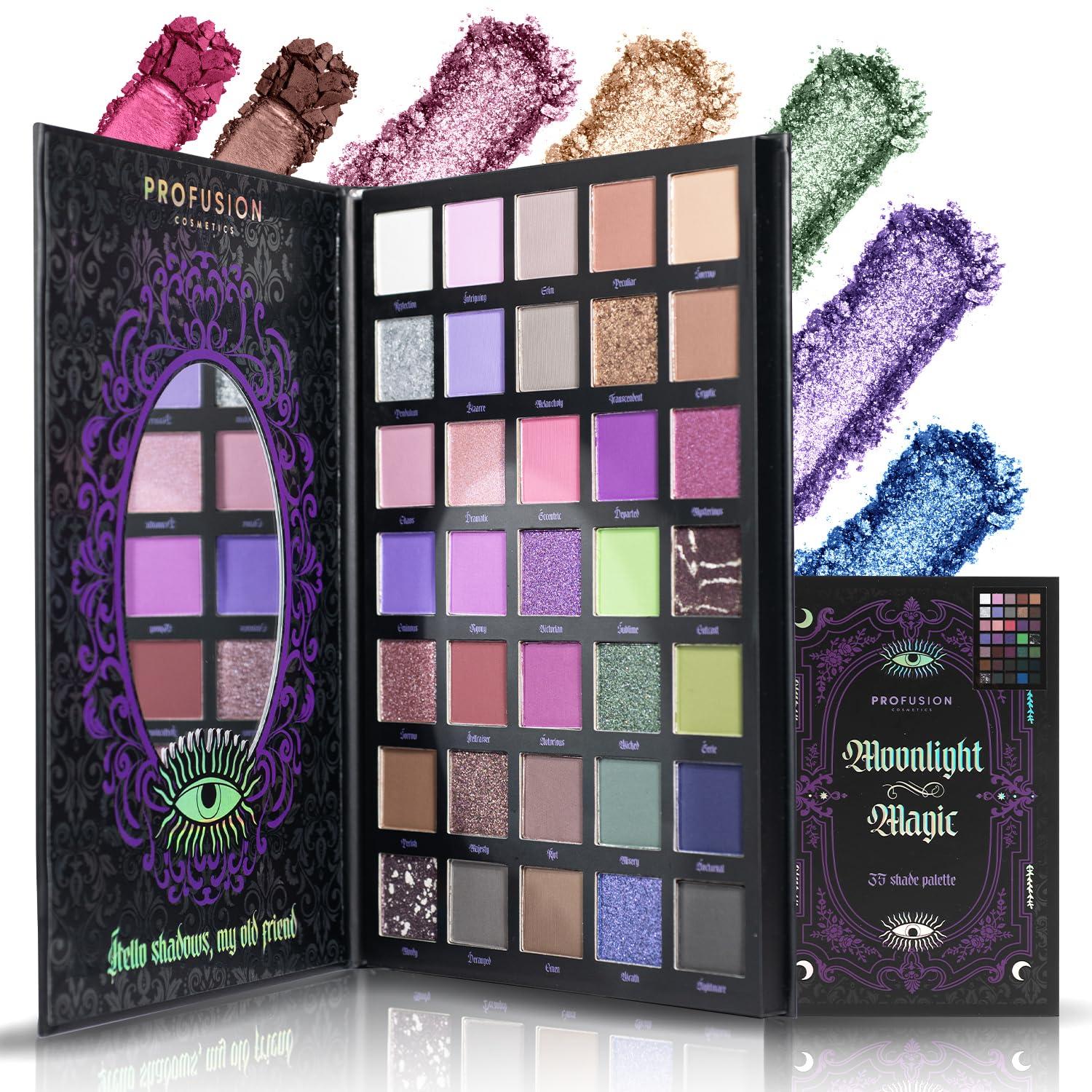 Profusion Moonlight Magic Eyeshadow Palette – 35 Gothic Shades, Built-In Mirror, Vegan
