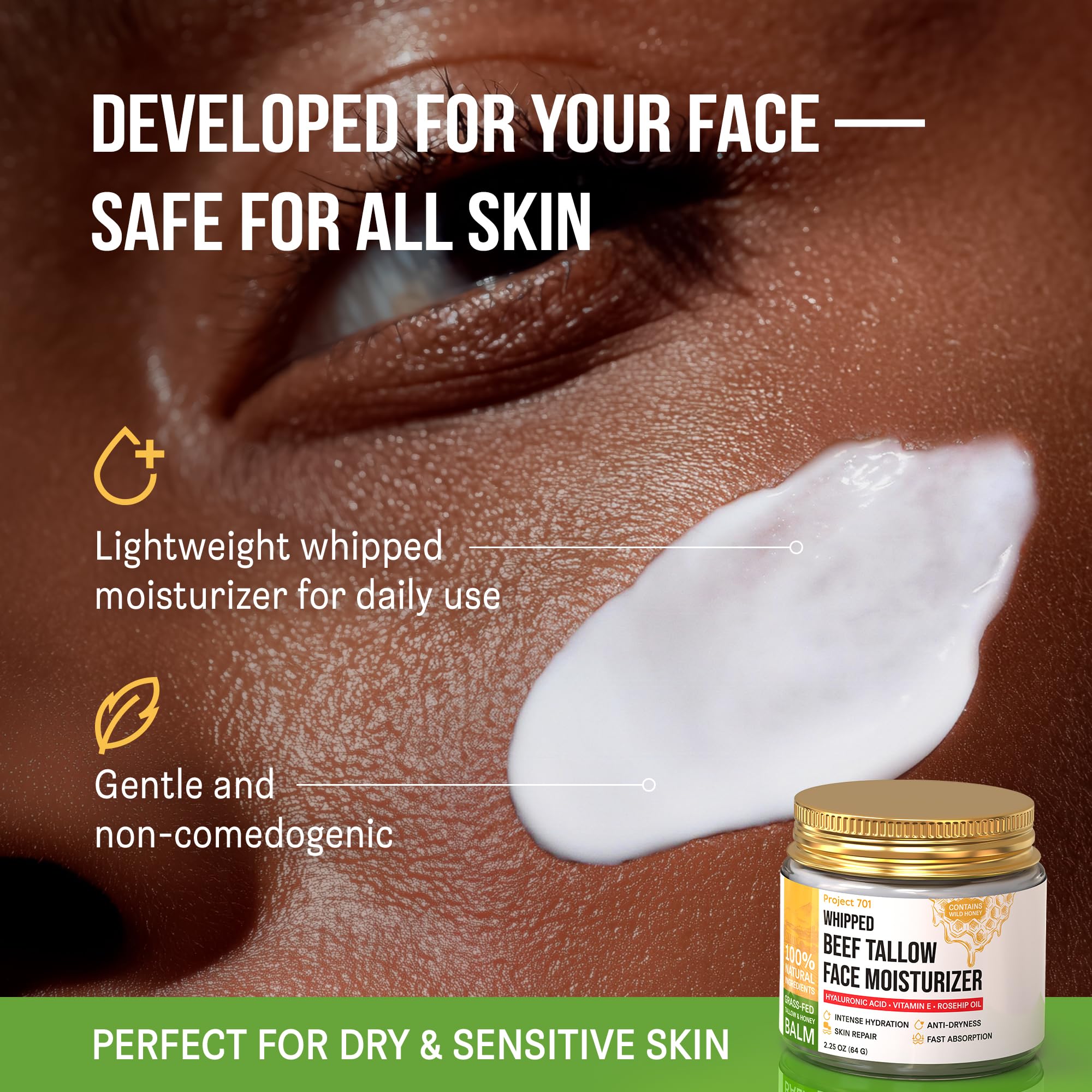 PROJECT 701 Beef Tallow Face Moisturizer — Grass-Fed Tallow, Honey & Liposomal Hyaluronic Acid | Glass Jar