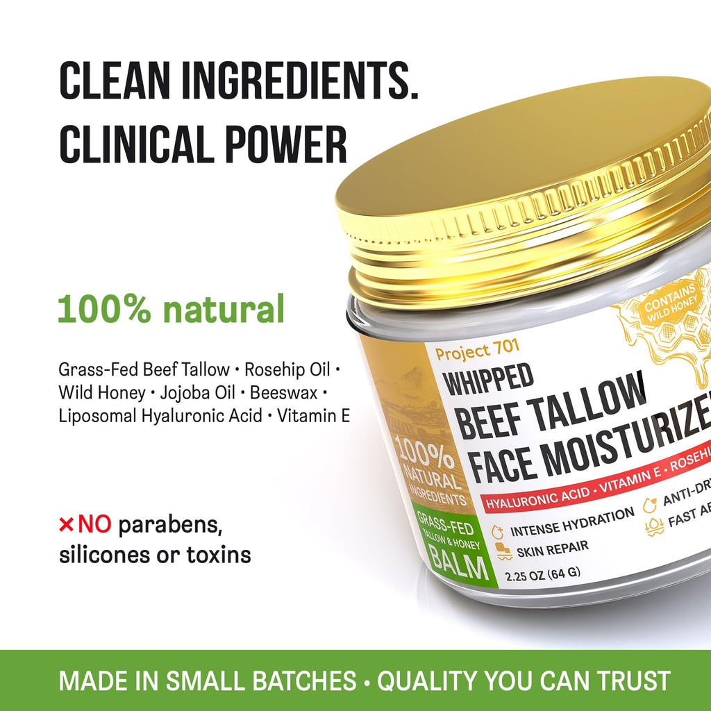 PROJECT 701 Beef Tallow Face Moisturizer — Grass-Fed Tallow, Honey & Liposomal Hyaluronic Acid | Glass Jar