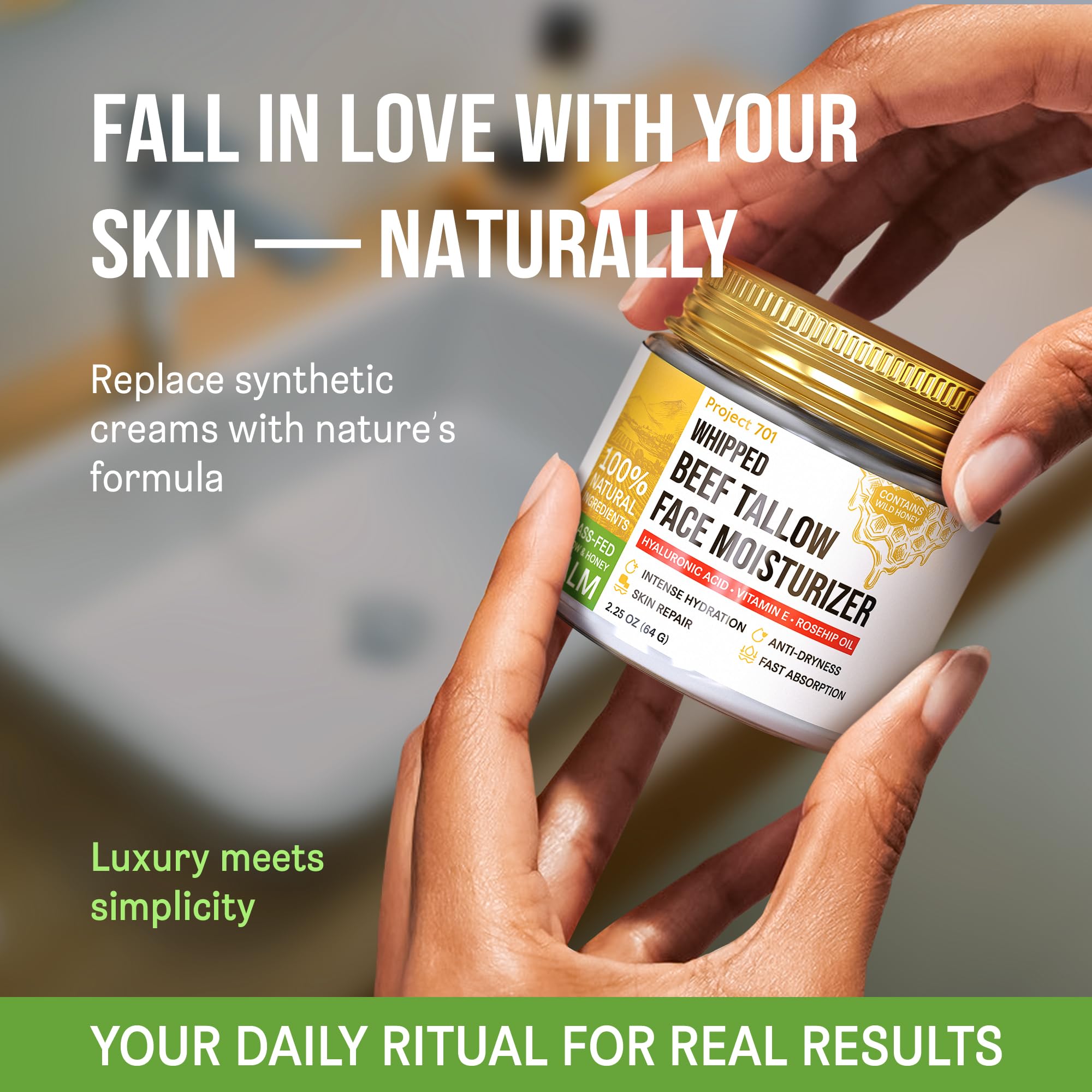 PROJECT 701 Beef Tallow Face Moisturizer — Grass-Fed Tallow, Honey & Liposomal Hyaluronic Acid | Glass Jar