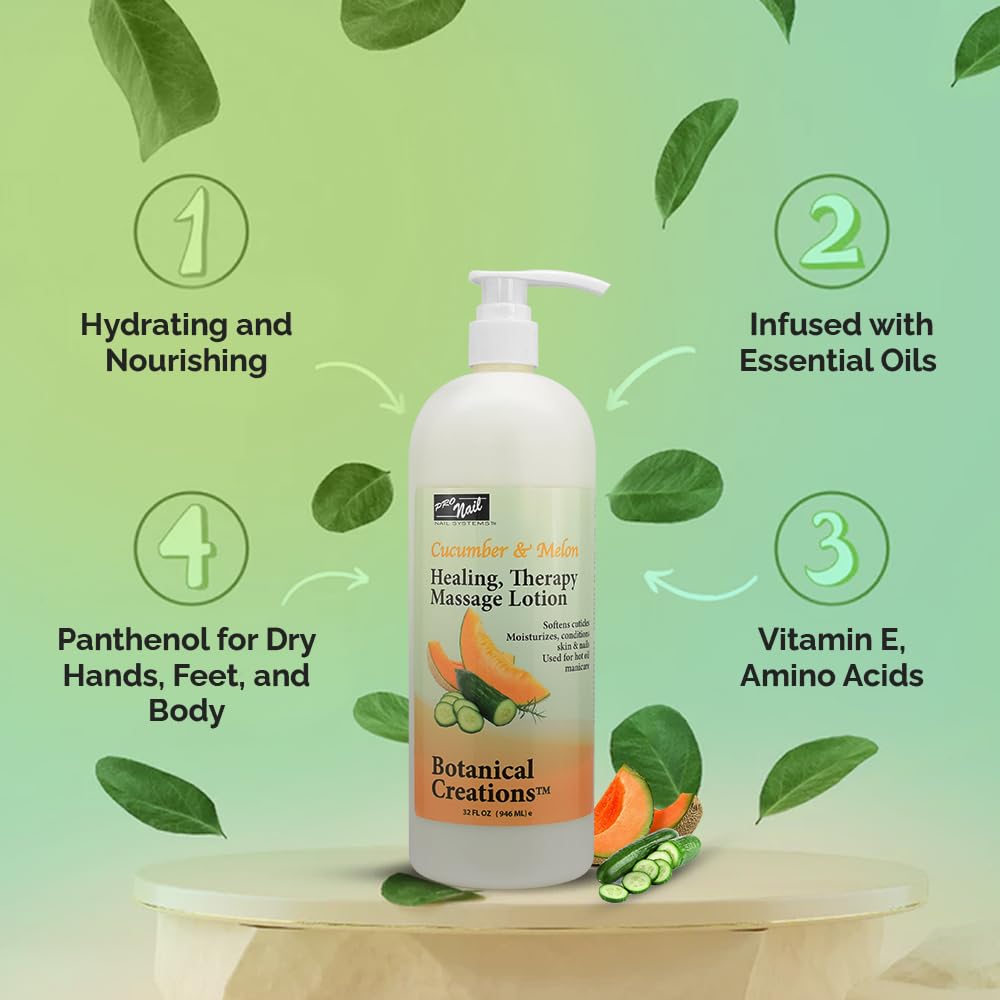 PRO NAIL Healing Therapy Massage Lotion, Cucumber Melon – 32 oz | Spa-Quality Hydration for Hands, Feet & Body