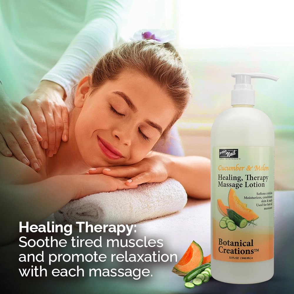 PRO NAIL Healing Therapy Massage Lotion, Cucumber Melon – 32 oz | Spa-Quality Hydration for Hands, Feet & Body