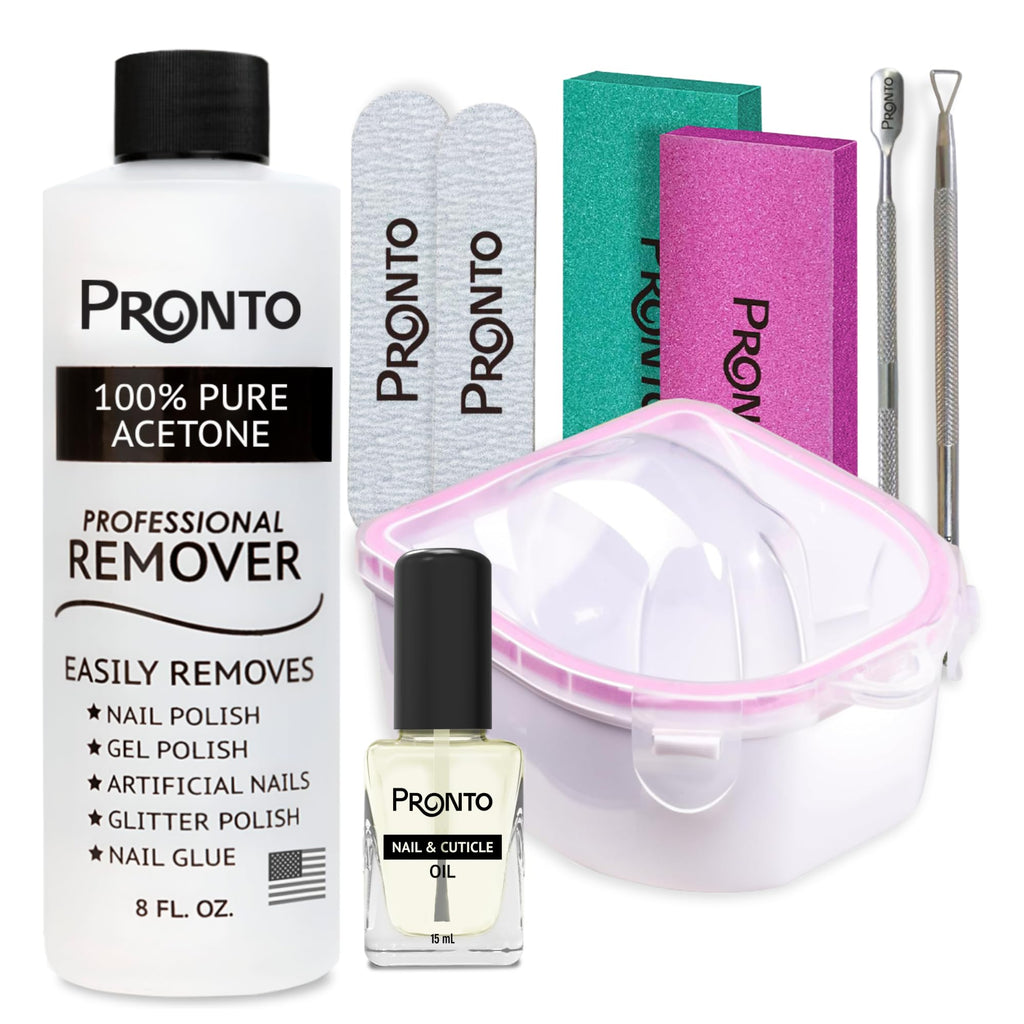 Pronto Gel Nail Polish Remover Kit – 8oz Pure Acetone, Nail File & Soak-Off Bowl