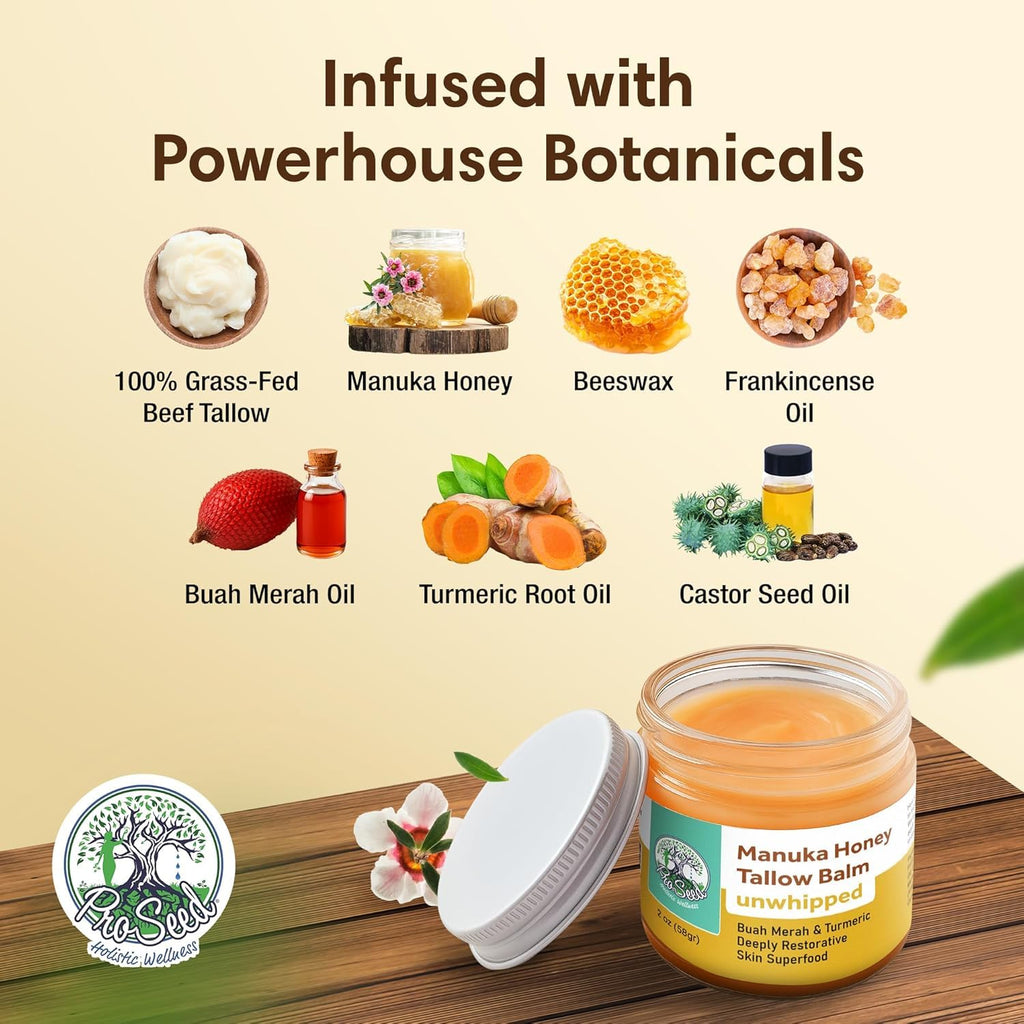 Manuka Honey Unwhipped Tallow Balm by ProSeed Holistic Wellness – Hydrating Balm for Face, Hands & Body