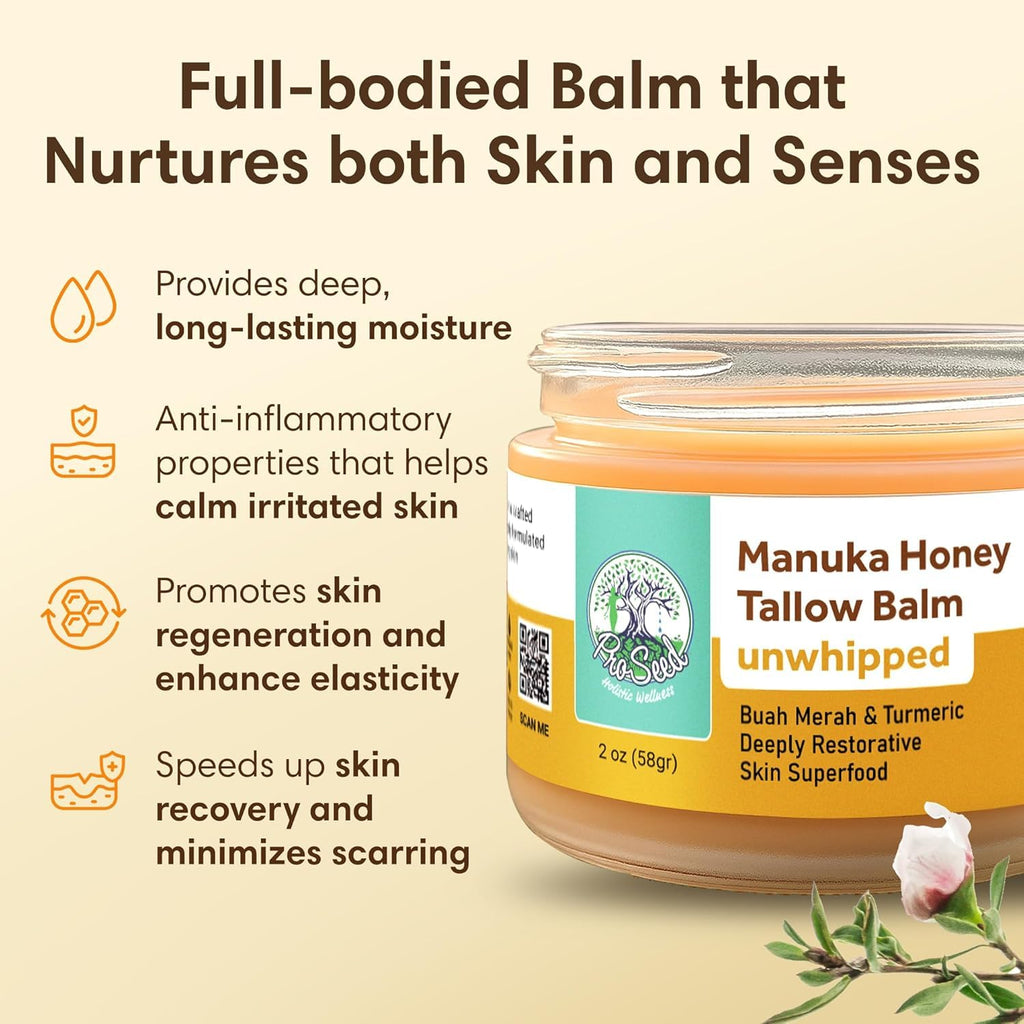 Manuka Honey Unwhipped Tallow Balm by ProSeed Holistic Wellness – Hydrating Balm for Face, Hands & Body
