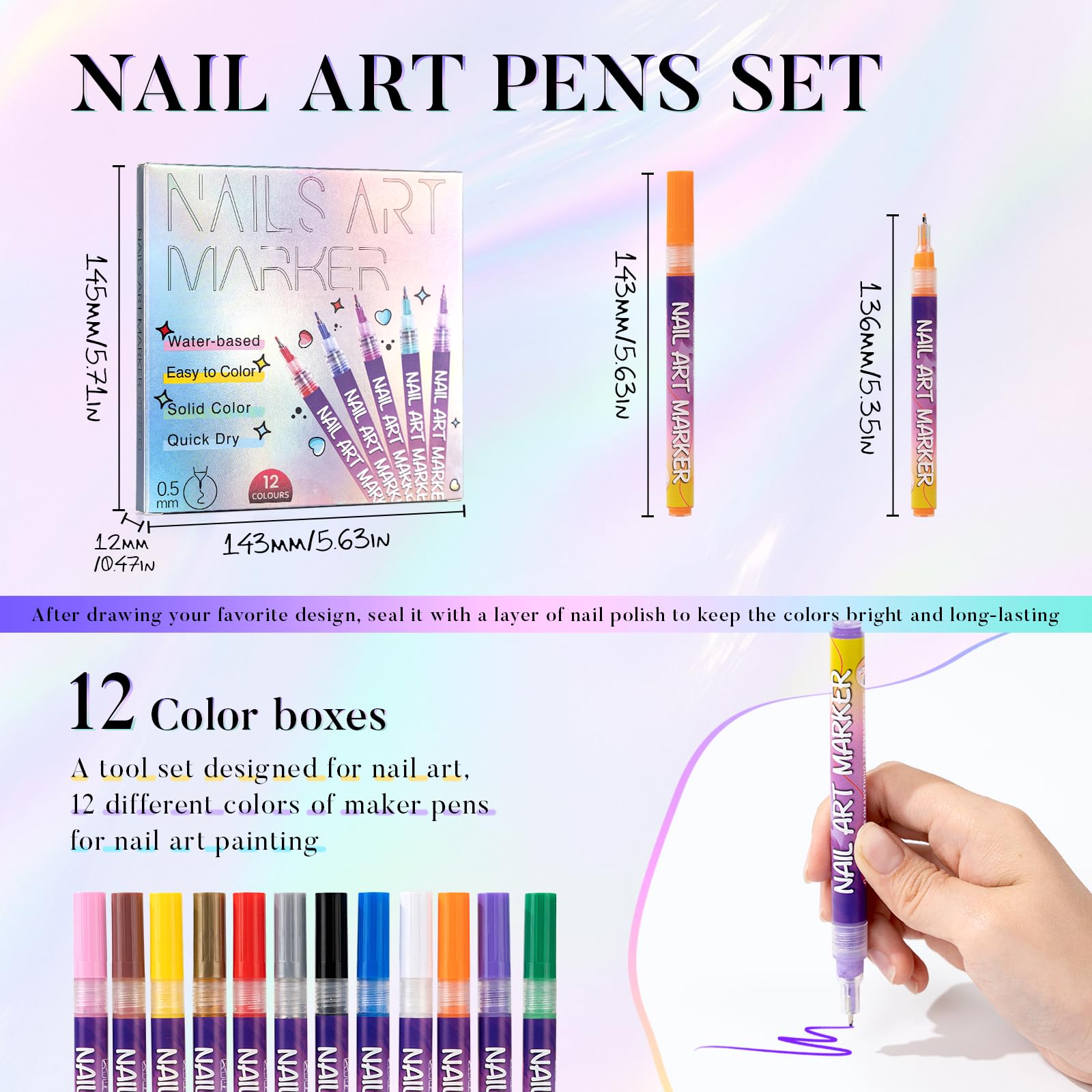 PROTECTMETER Nail Art Pens — 12 Colors, 0.5mm Fine Tip, Quick-Dry Water-Based Kit
