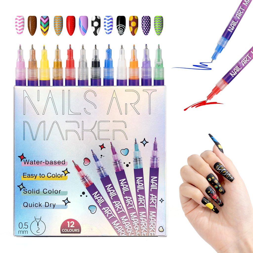 PROTECTMETER Nail Art Pens — 12 Colors, 0.5mm Fine Tip, Quick-Dry Water-Based Kit